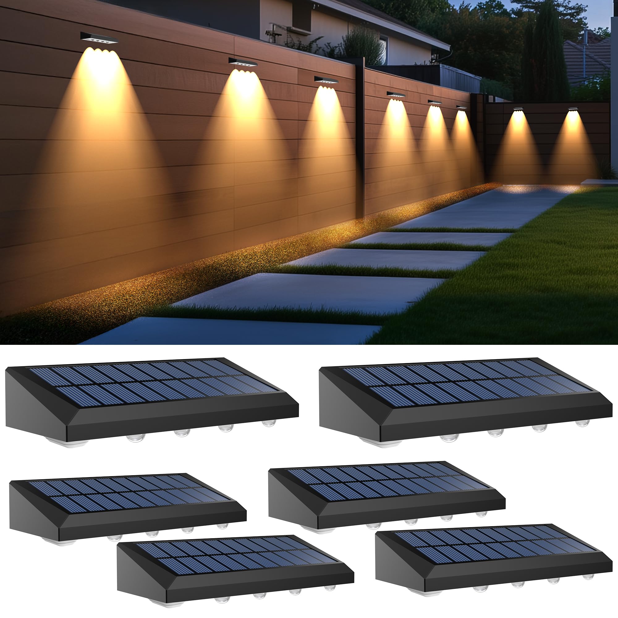 Zestaw 6 zewnętrznych lamp solarnych do ogrodzenia, zasilane energią słoneczną, wodoodporne, do ogrodu, na schody, ścianę, stopień, ciepłe światło