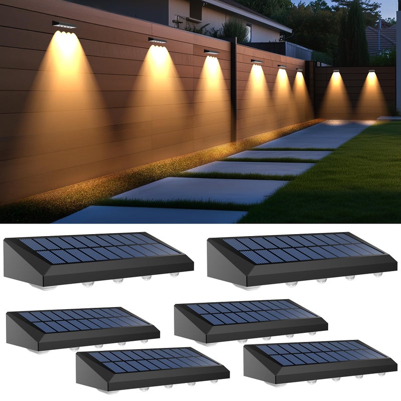 Zestaw 6 zewnętrznych lamp solarnych do ogrodzenia, zasilane energią słoneczną, wodoodporne, do ogrodu, na schody, ścianę, stopień, ciepłe światło