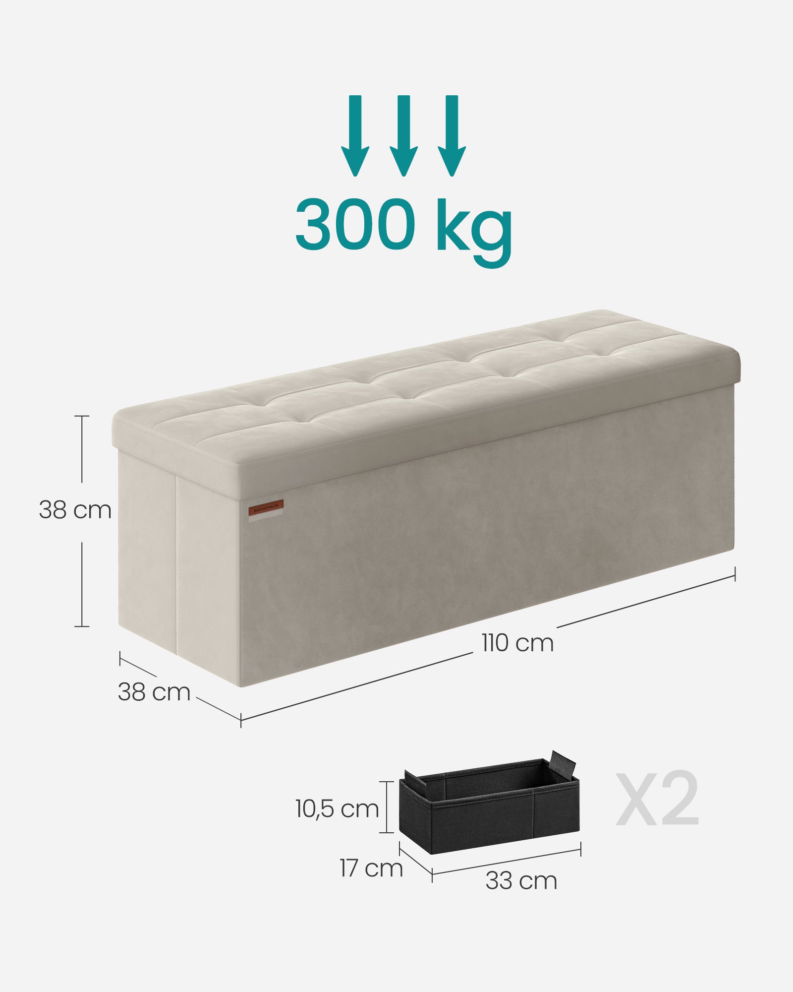 Banc de Rangement, Pouf en Velours, avec Couvercle, avec 2 Boîtes, Séparateur Amovible, 38 x 110 x 38 cm, Capacité de Charge 300 kg, Blanc Crème - 4