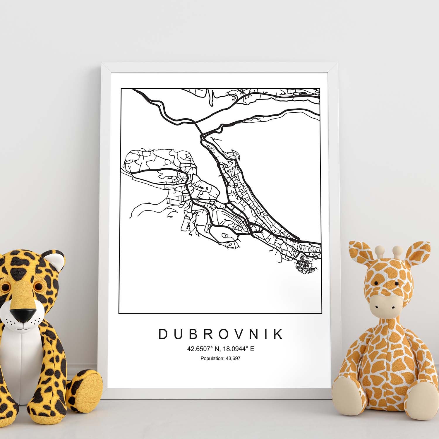 Lámina mapa de la ciudad dubrovnik estilo nordico en blanco y negro. sin marco - a4