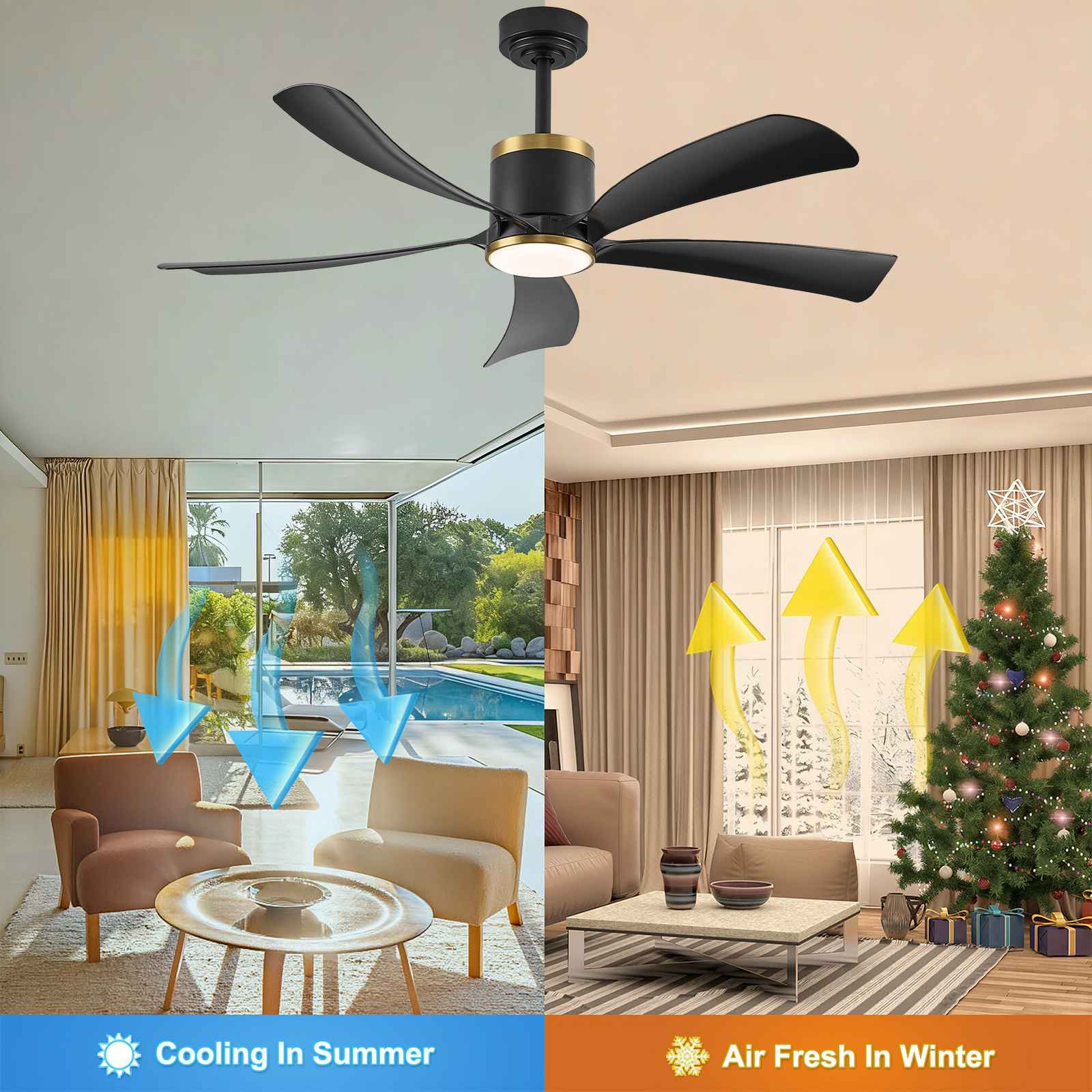 Ventilateur de plafond 52'' LED 20W dimmable, 5 pales ABS noires, APP, 6 vitesses, réversible, anneau doré, salon chambre - 4