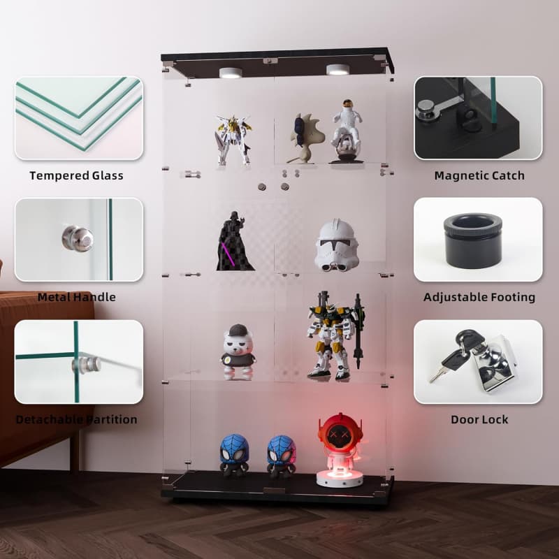 Vitrine avec portes en verre et éclairage LED, support en verre trempé à 4 niveaux, vitrine en verre de la collection Curio, vitrine, noir - 5