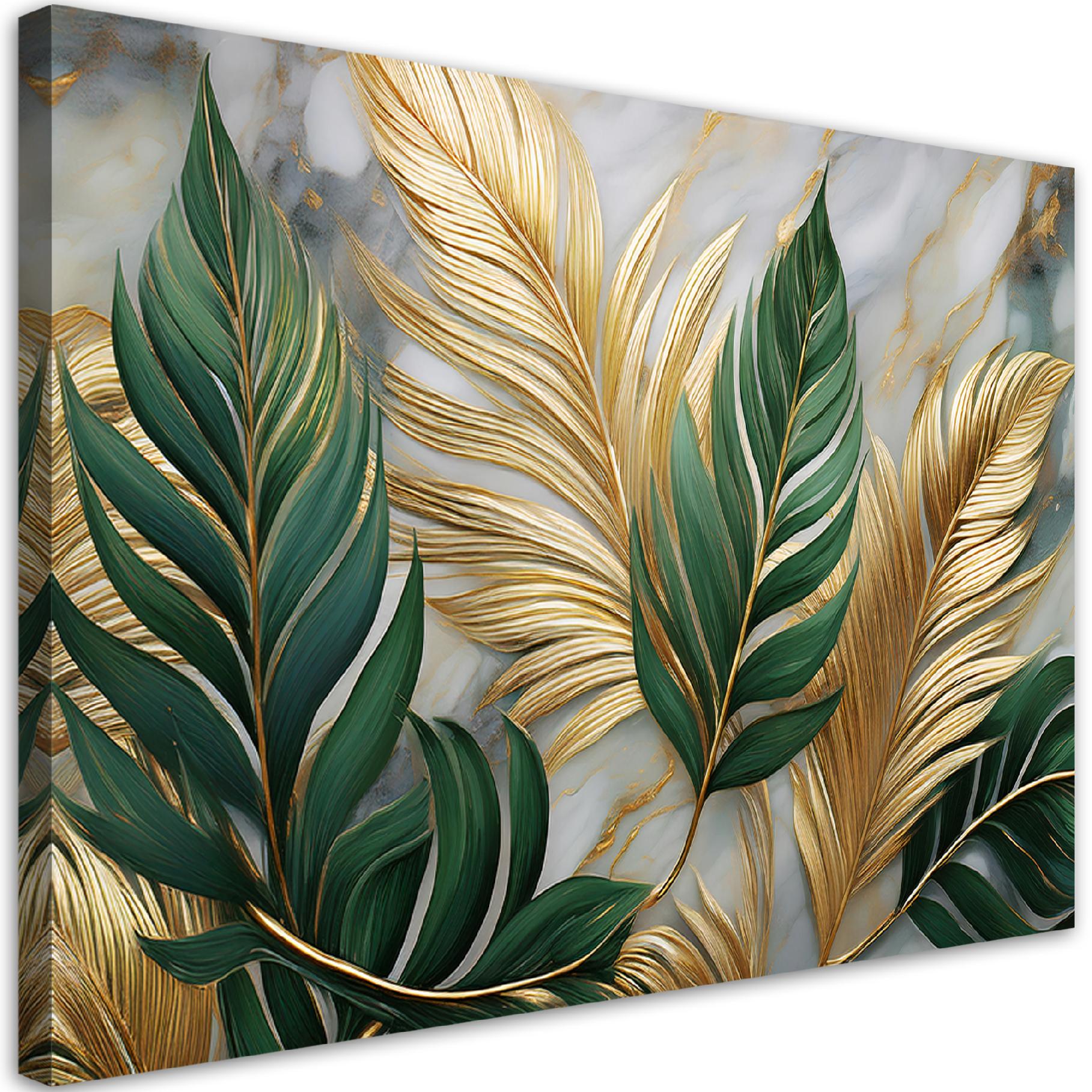 Obraz na płótnie, Liście Botanika Glamour Marmur Złoty 120x80