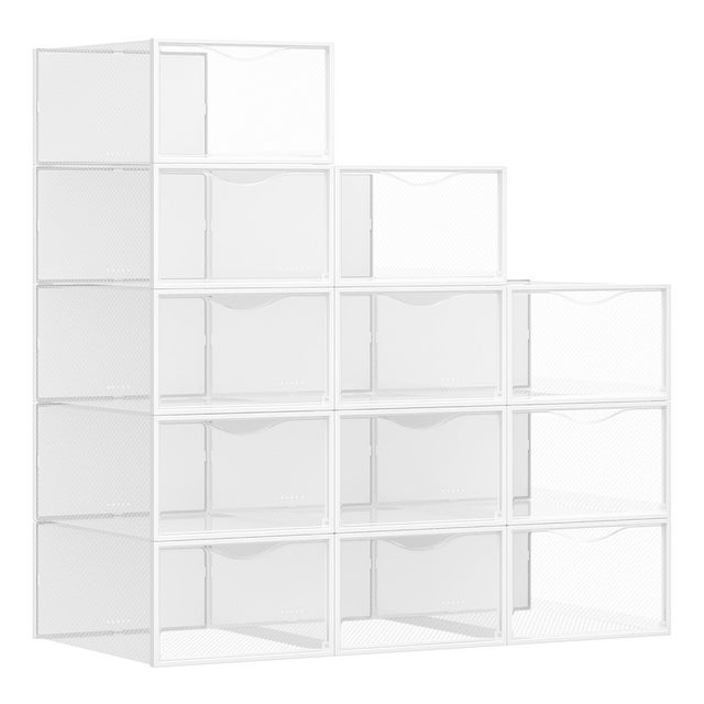 Boîtes à Chaussures, avec Porte, Lot de 12, Empilables, Montage Facile, 33,2 x 23 x 14,5 cm, pour Pointure jusqu'à 43, Transparentes et Blanc Nuage