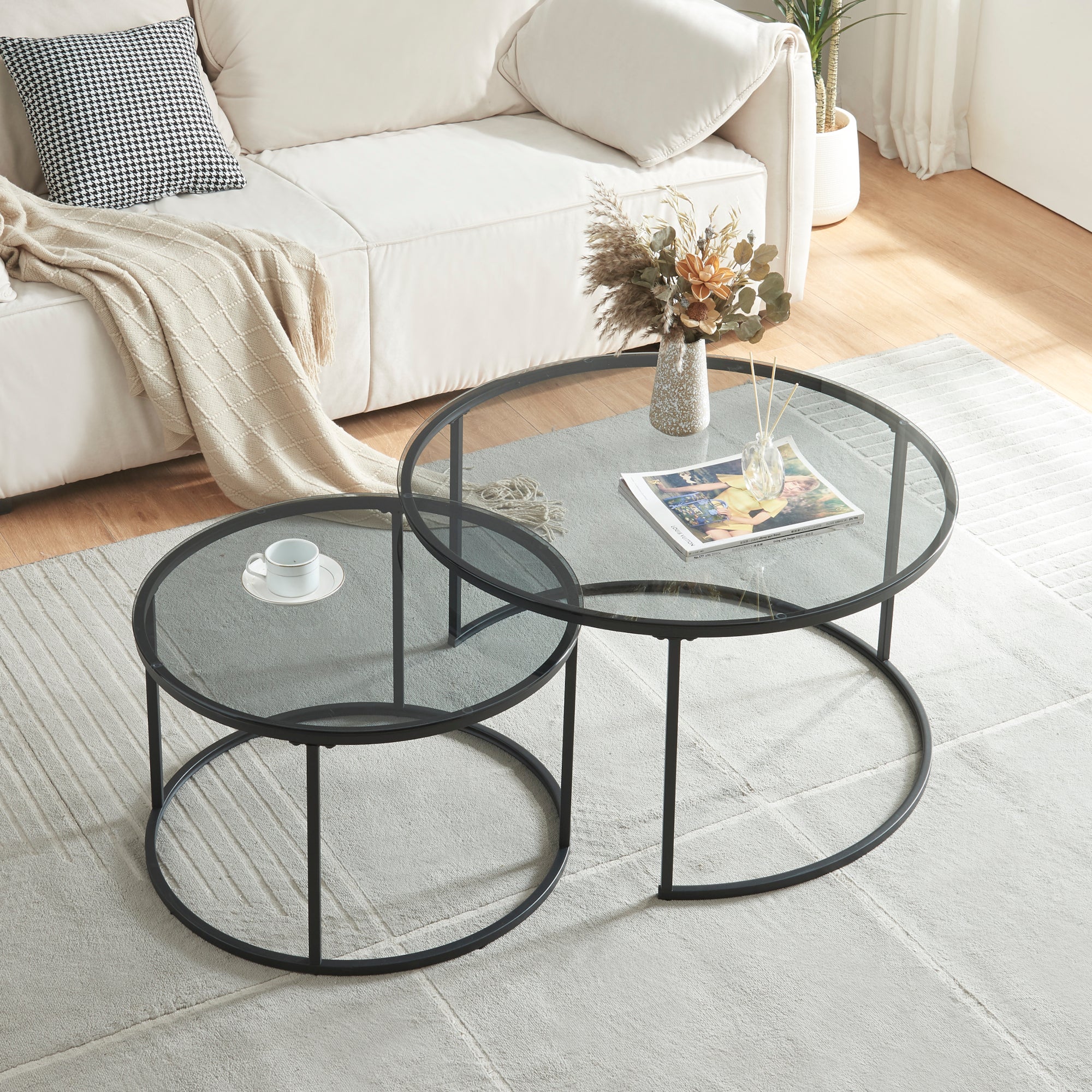 Set de 2 tables basses Kokkola rondes gigognes en verre fumé [en.casa] - 3
