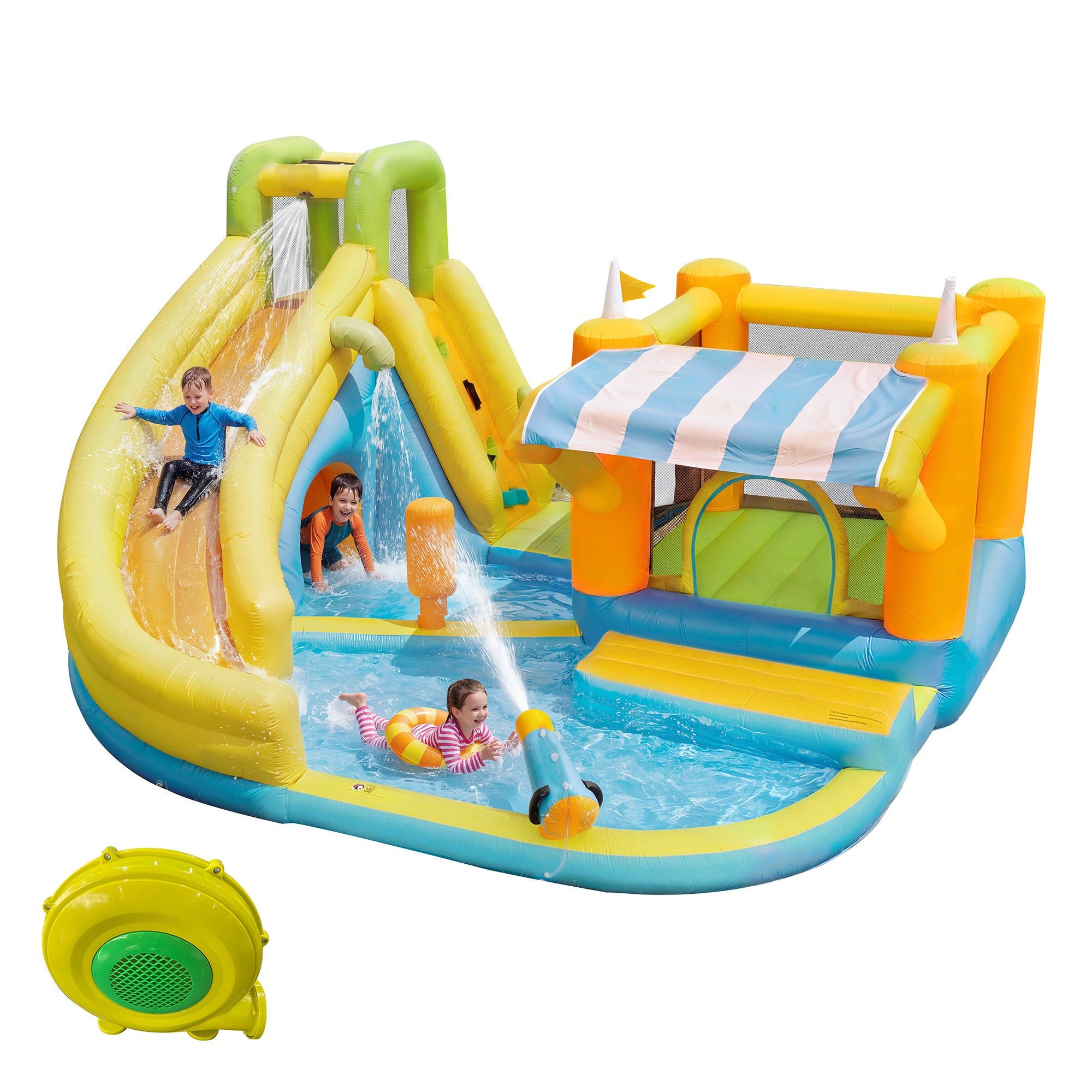 Gigantyczny Dmuchany Park Wodny 8w1 - Zjeżdżalnia, Trampolina z Zadaszeniem i Ring - Dmuchawa 450W - 433x375x165cm