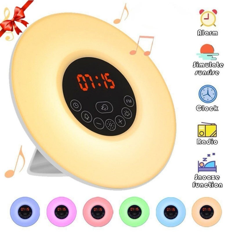 Réveil Simulateur D'Aube LED - Lumière Progressive, 7 Sons Naturels, Radio FM, 2 Alarmes + Snooze, 15 Couleurs - Lampe De Chevet Multifonction