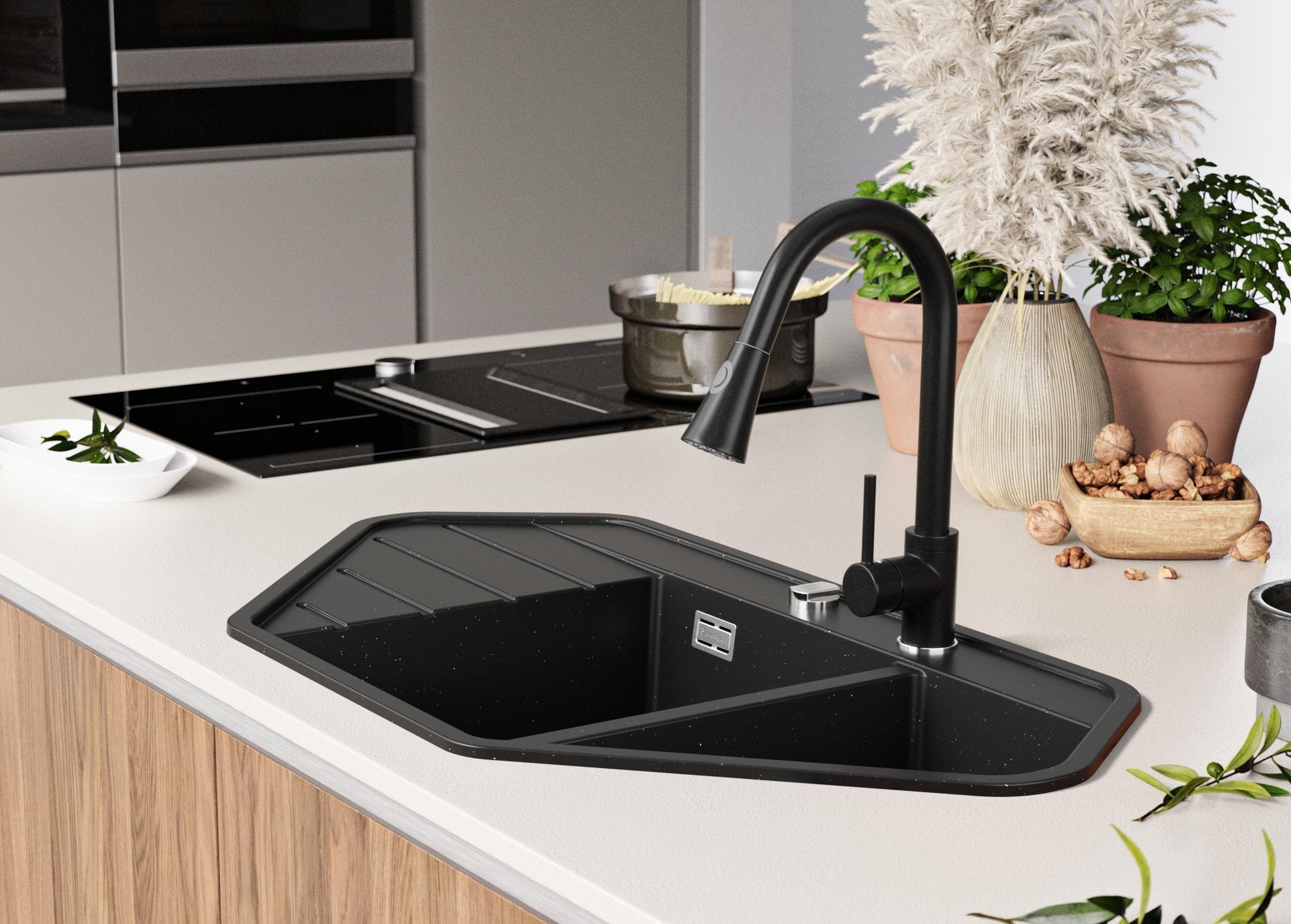 Evier d'angle en Granit Noir Métallisé 90x50cm, Lavabo Cuisine 1,5 bacs + Kit de Vidage + Accessoire, Évier à Encastrer au meuble 70cm PRIMAGRAN - 3