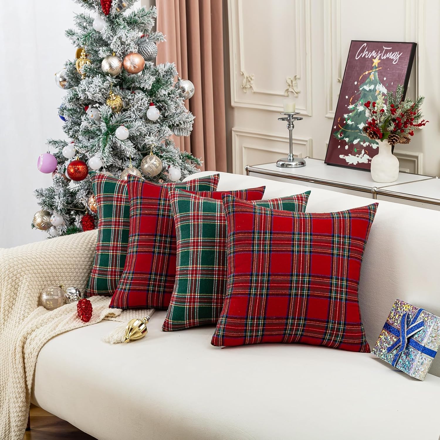 Housse Coussin Noel 45x45 cm Rouge Tartan Ecossais Plaid Taies d'oreiller à Carreaux Housses de Coussin Douces pour Canapé Salon Intérieur Deco Décora - 5
