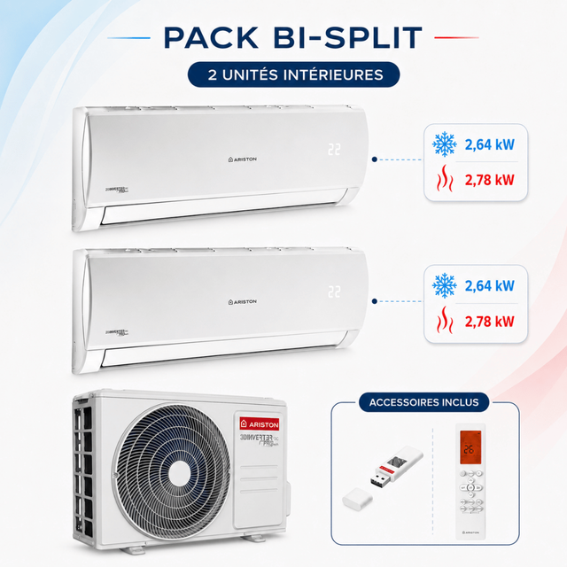 Climatisation Bi-split 1 unité extérieure DUAL 50 + 2 unités intérieures Alys Net 25 Ariston