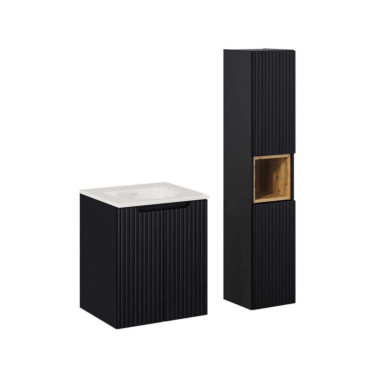 Conjunto de muebles con lavabo individual encastrado 50 cm 2 puertas y columna riva negro y madera