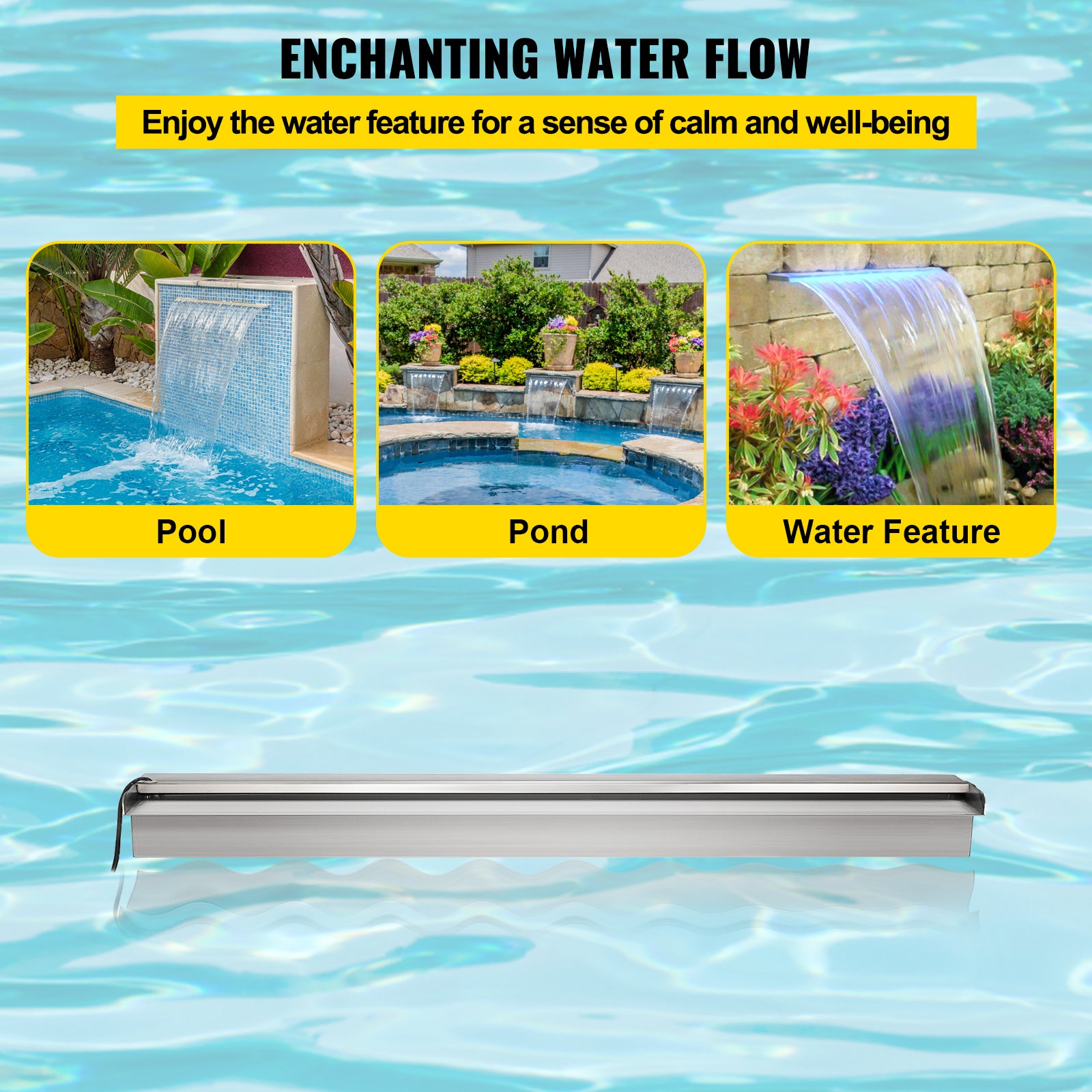 Déversoir à cascade piscine VEVOR 120x11,5x8 cm fontaine chute d'eau de piscine acier inox avec bande LED colorée,connecteur de tuyau,télécommande, - 4