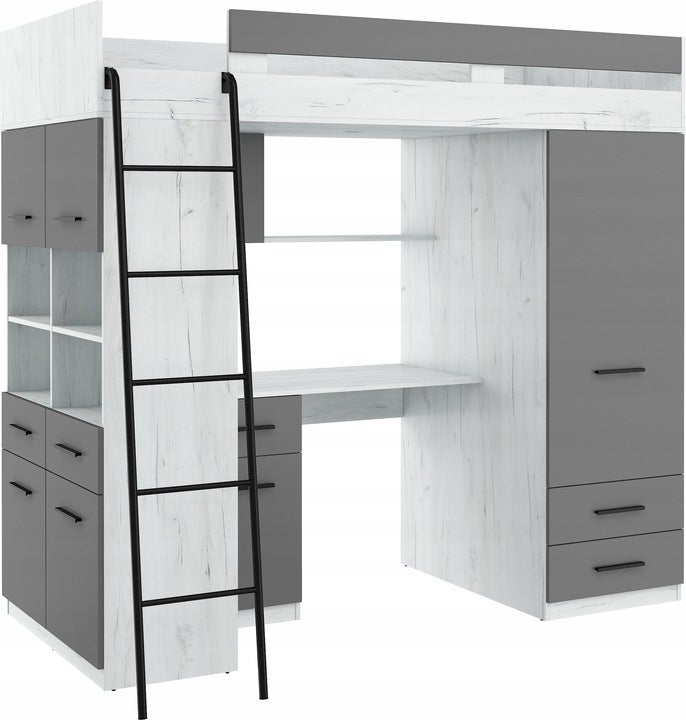 Lit Mezzanine 90x200cm avec échelle Placard, Bureau, bibliothèque et ...