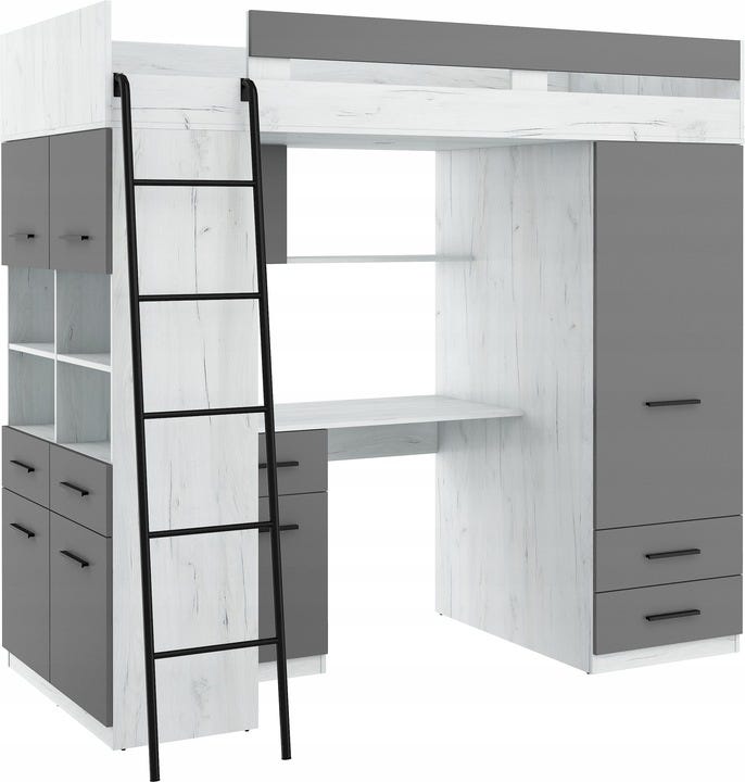 Lit Mezzanine 90x200cm avec échelle Placard, Bureau, bibliothèque et ...