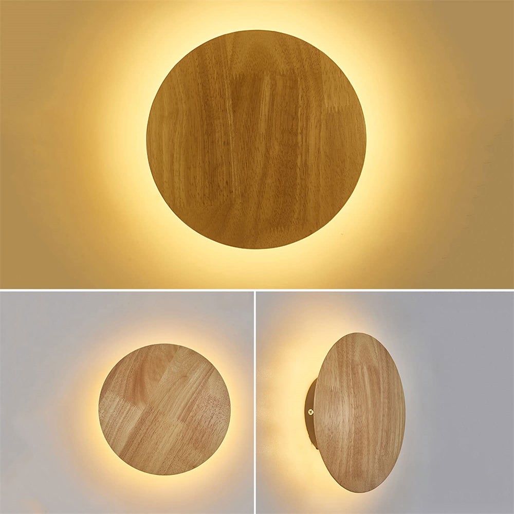 Lampada da parete minimalista in 2 pezzi, lampada da parete a LED retroilluminata con venature del legno rotonde, luce bianca calda, adatta per camere - 4