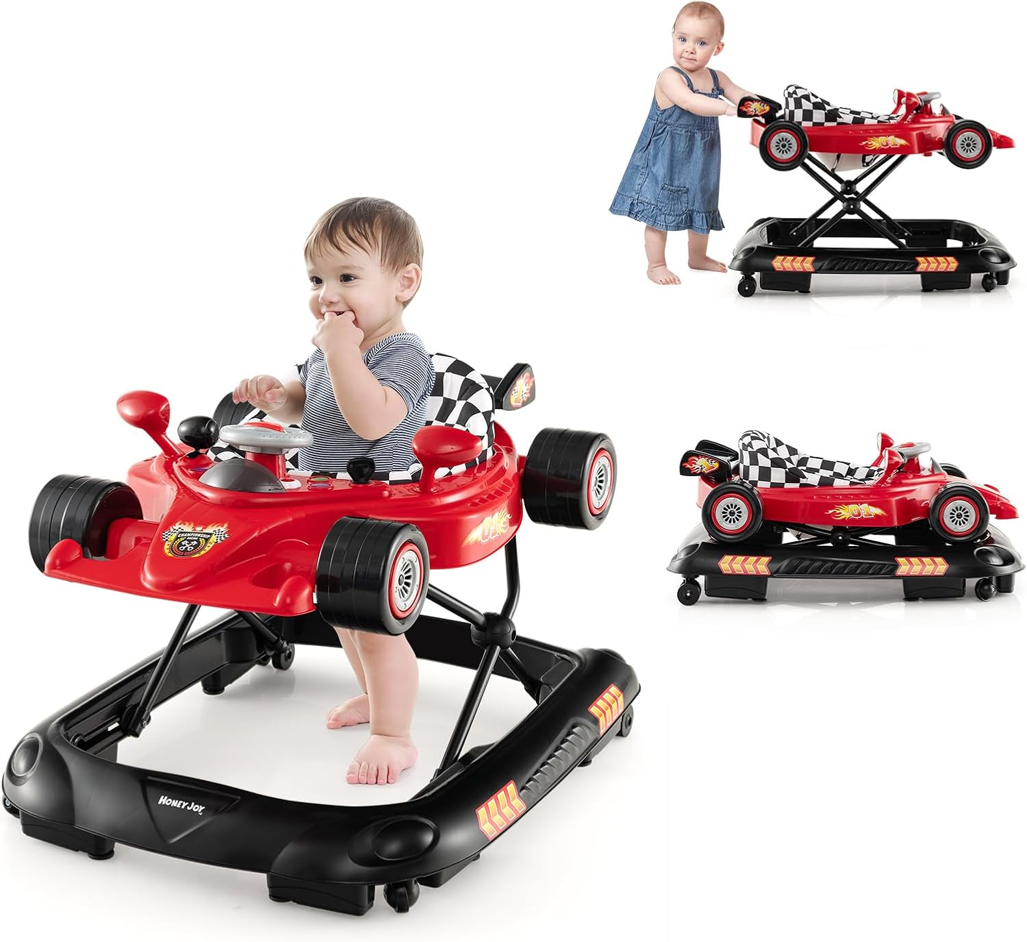 Chodzik dla Niemowląt 4 w 1 dla Dzieci Powyżej 6 Miesięcy, Składany Chodzik z 3 Regulowanymi Wysokościami, Światłami, Muzyką, Nośność 12 kg (Czerwony)