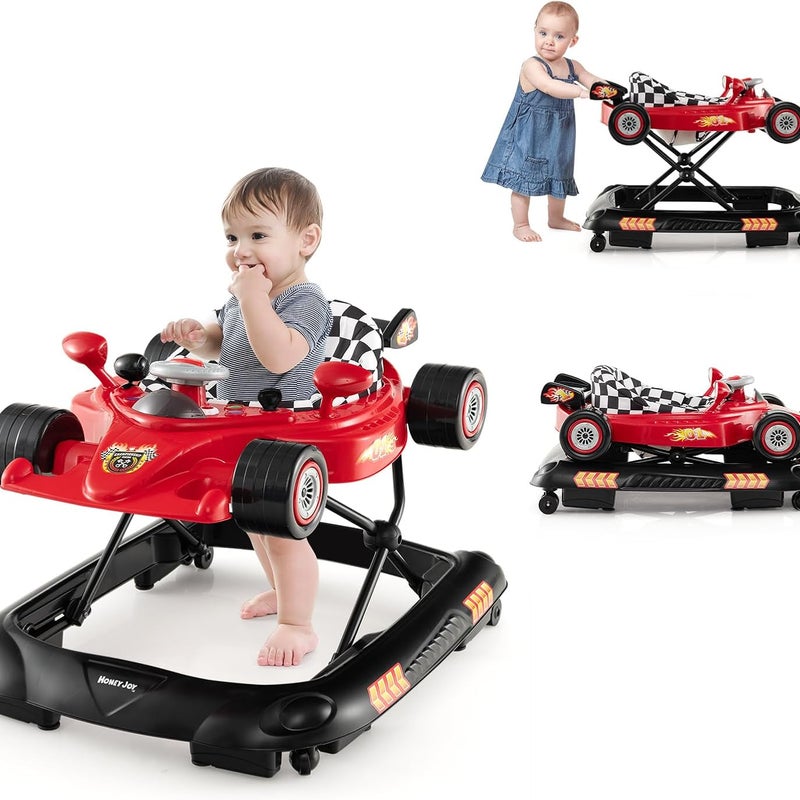 Chodzik dla Niemowląt 4 w 1 dla Dzieci Powyżej 6 Miesięcy, Składany Chodzik z 3 Regulowanymi Wysokościami, Światłami, Muzyką, Nośność 12 kg (Czerwony)