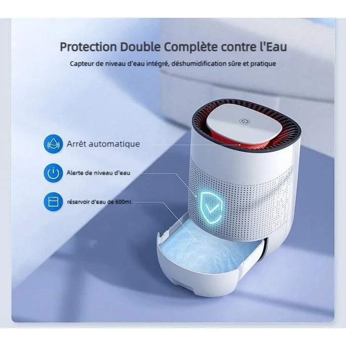 Déshumidificateur Silencieux 600 ml (33 dB), Arrêt Automatique, Indicateur LED – Compact et Économe - 2