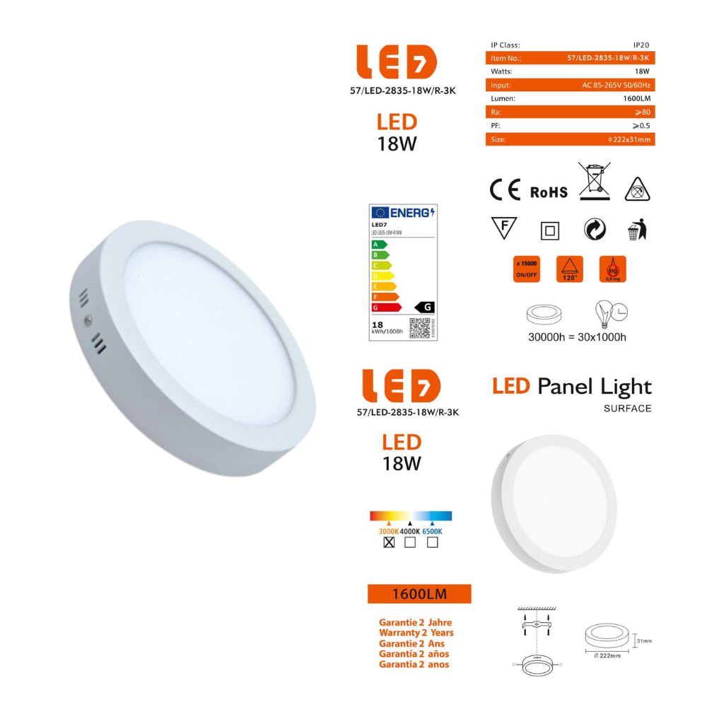 Lot De 3 Plafonniers LED 225mm 20W 1900lm - Blanc Neutre 4000K