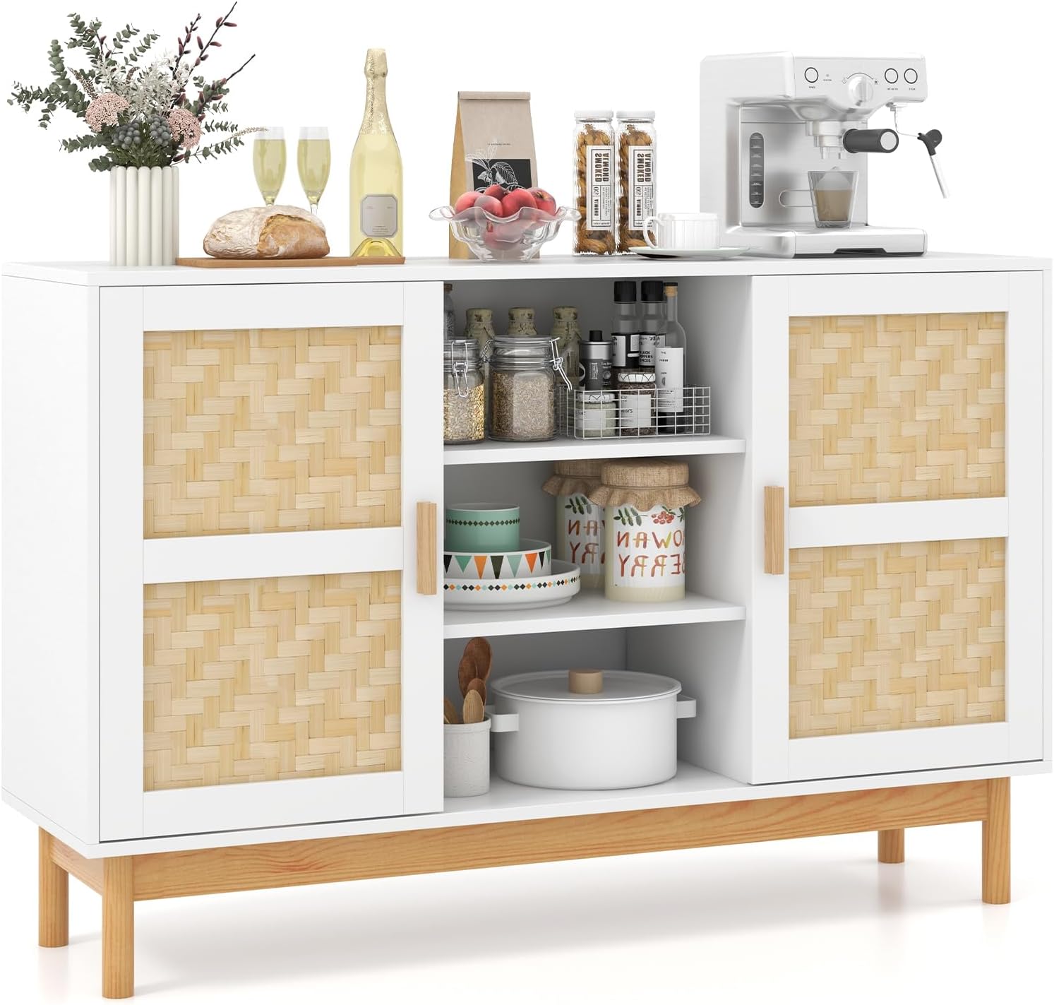 Drewniana szafka bufetowa, szafka kuchenna z 2 drzwiami bambusowymi i 3 otwartymi półkami, 120 cm, 120 x 35 x 78 cm, biała i naturalna (model 1)