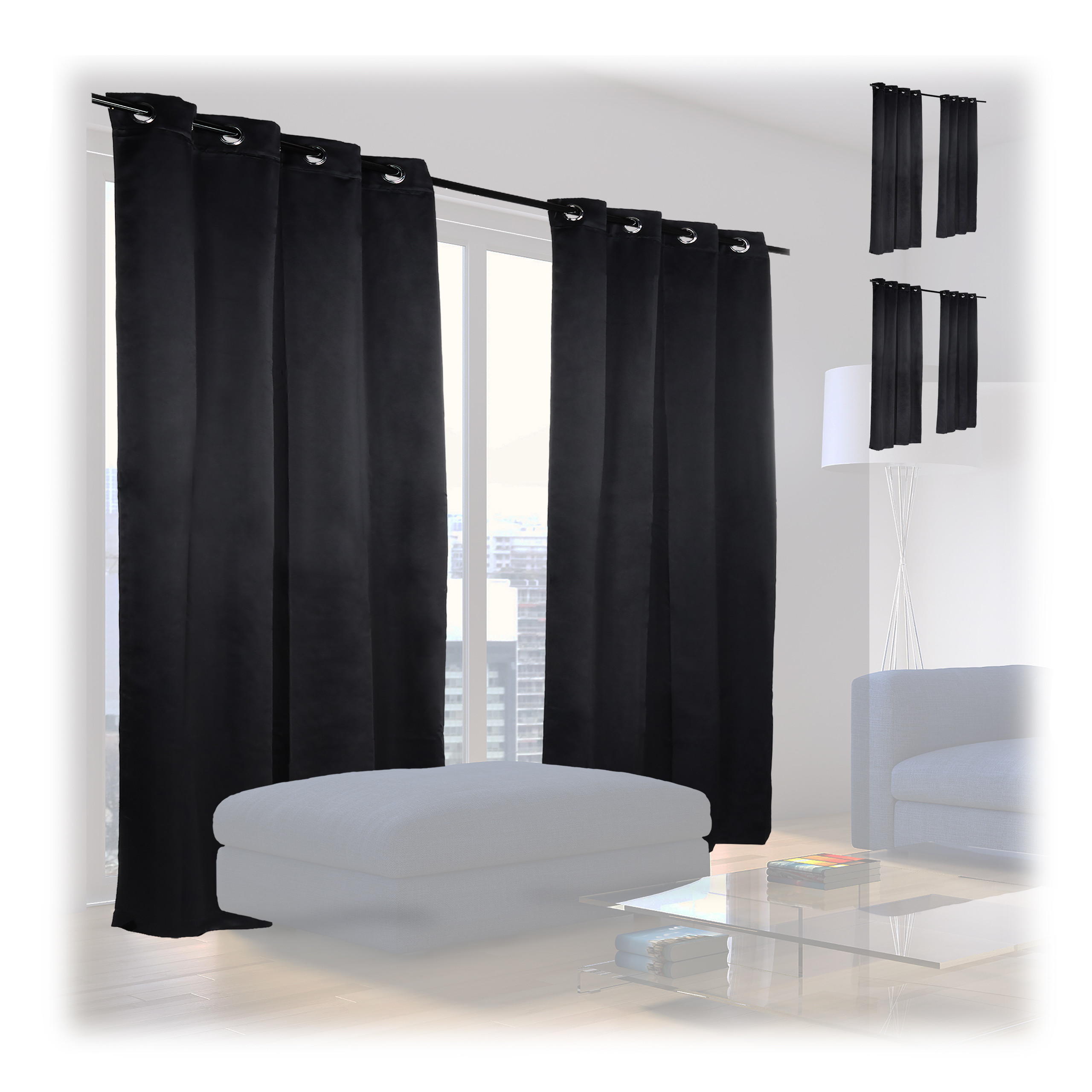 Set 6 cortinas opacas con ojales, modernas, dormitorio o salón, poliéster, 245 x 135 x 0,5 cm, negro