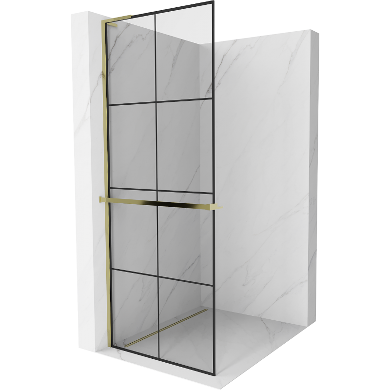 Mexen Kioto+ L ścianka prysznicowa z półką Walk-in 70 x 200 cm, czarna kratka , złota - 800-070-123-50-77