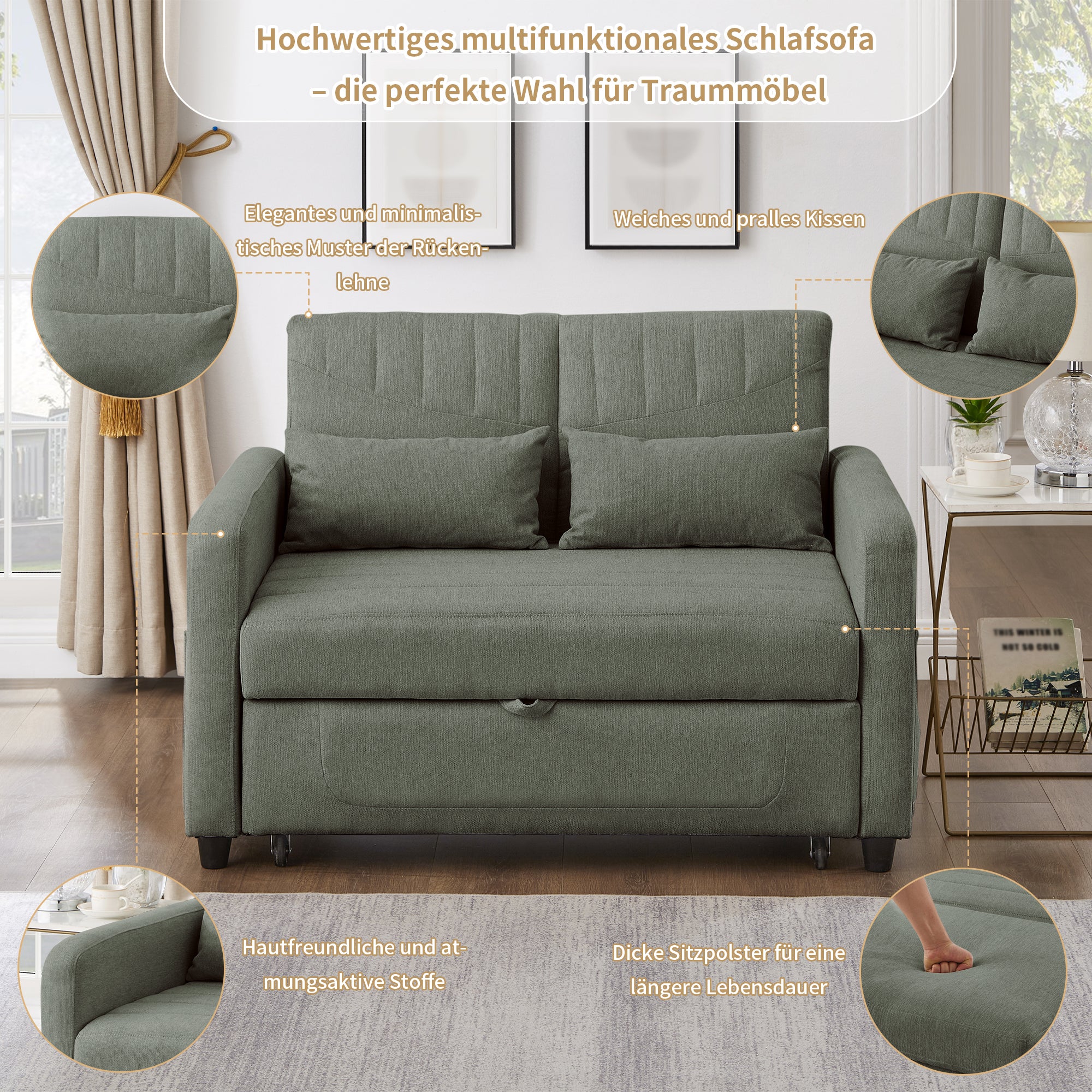 Sofa rozkładana 2-osobowa z 3-stopniową regulacją oparcia - 114 x 77 x 82,5 cm - Tkanina bawełniano-lniana - Zielony - 4