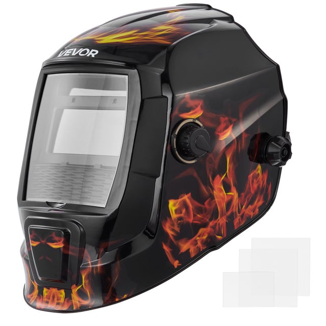 Casque Soudage Solaire VEVOR 93 x 43 mm, avec 2 Capteurs d'Arc, Teinte DIN 4/9-13, pour Soudage TIG MIG ARC, Meulage, Série CRIUS, Motif Flamme Jaune