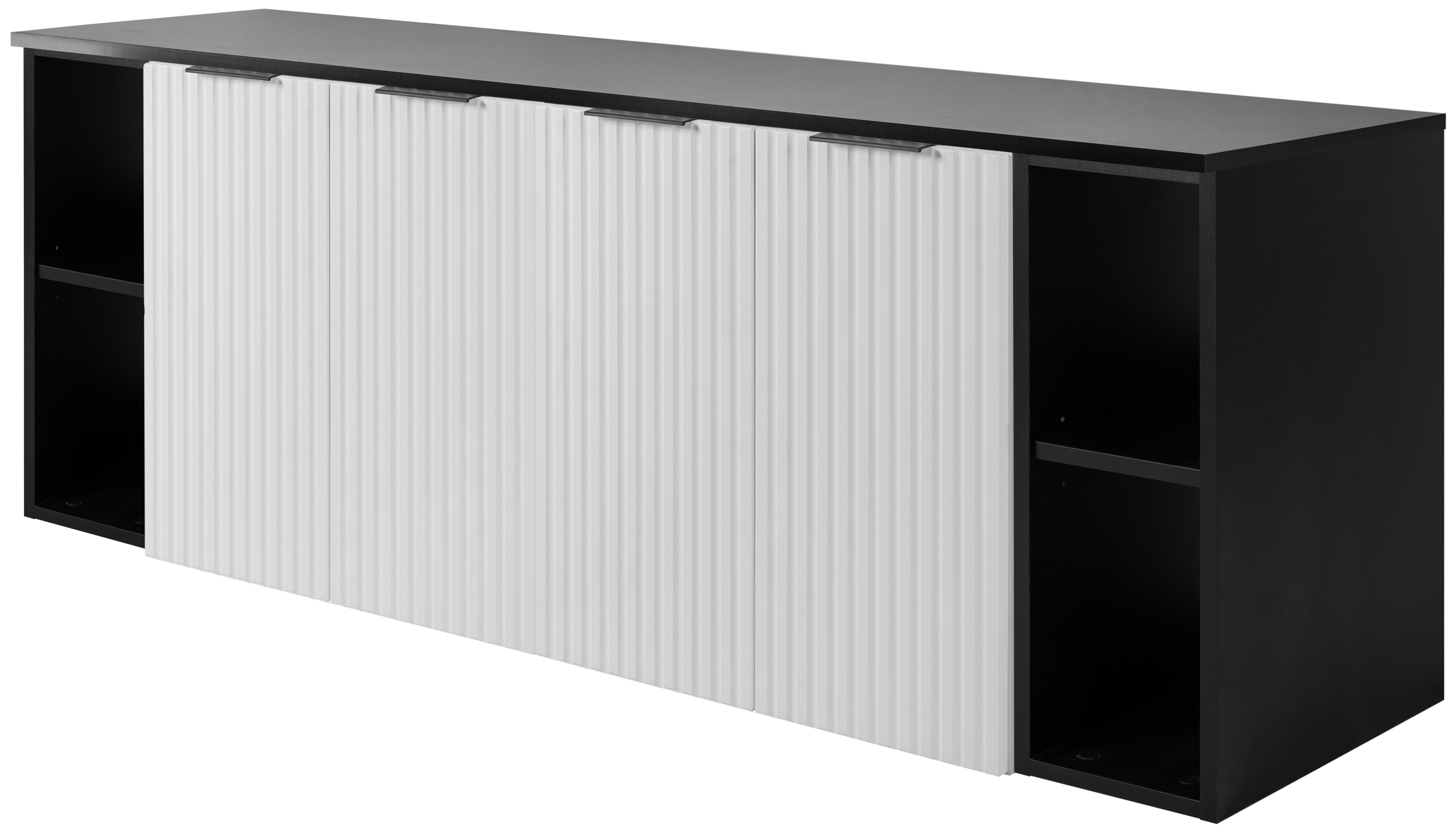 Zestaw łazienkowy FLOW 160 cm biały z czarnymi regałami ryflowany front