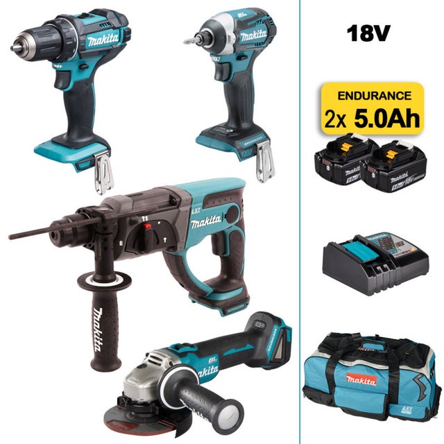 MAKITA Pack 4 machines 18V : DDF482 + DTD152 + DGA504 + DHR202 + 2 batteries 5Ah, chargeur et sac à roulettes