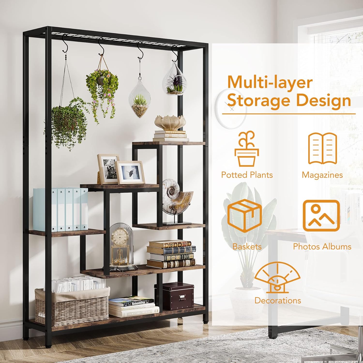 Tribesigns Support pour plantes d'intérieur à 5 niveaux - Grande étagère en métal de 180,1 cm avec 10 crochets de suspension en S - Multifonction - 6