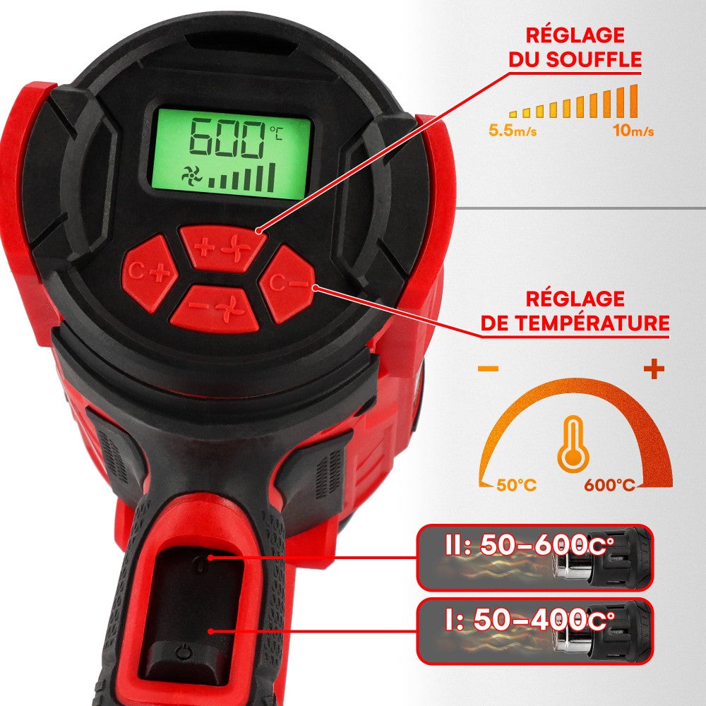 Décapeur Thermique 2000W Professionnel - Ecran digital - Températures 60-600 degrés - 4 Buses grattoir - 2