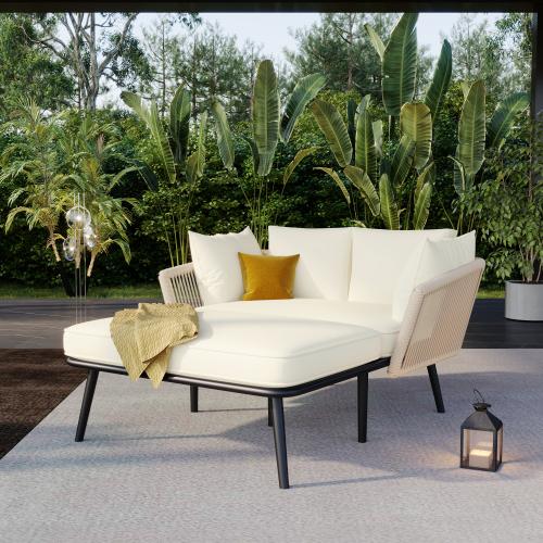 Sofa ogrodowa z 2 poduszkami i leżanką, meble ogrodowe i patio