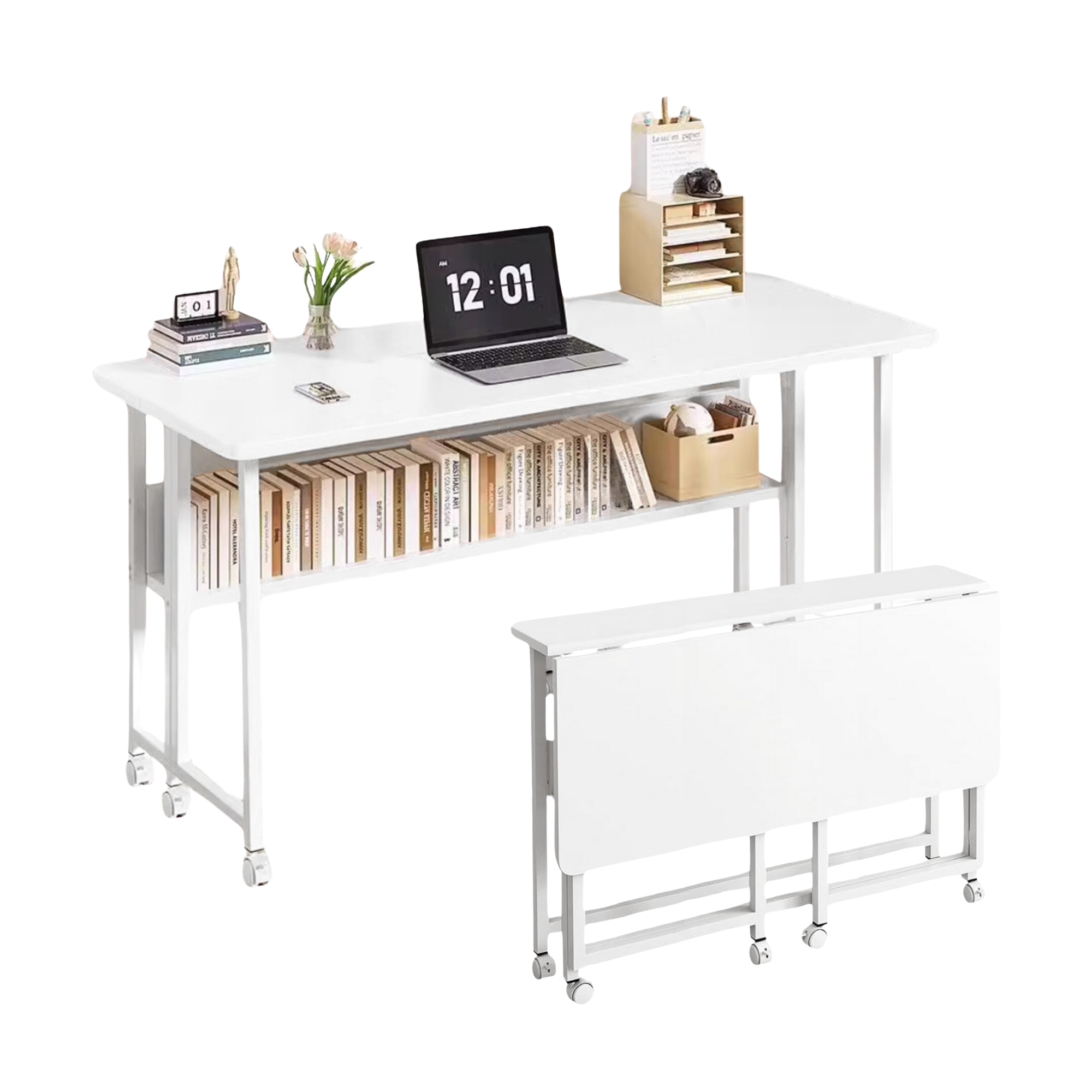 Escritorio Plegable Blanco con Ruedas y Estanteria. 120x60x80 cm ...