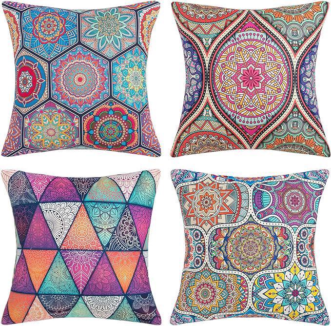 Set 4 Federe Cuscini 45x45 Cm – Stile Bohémien Geometrico – Cotone E Lino Con Cerniera