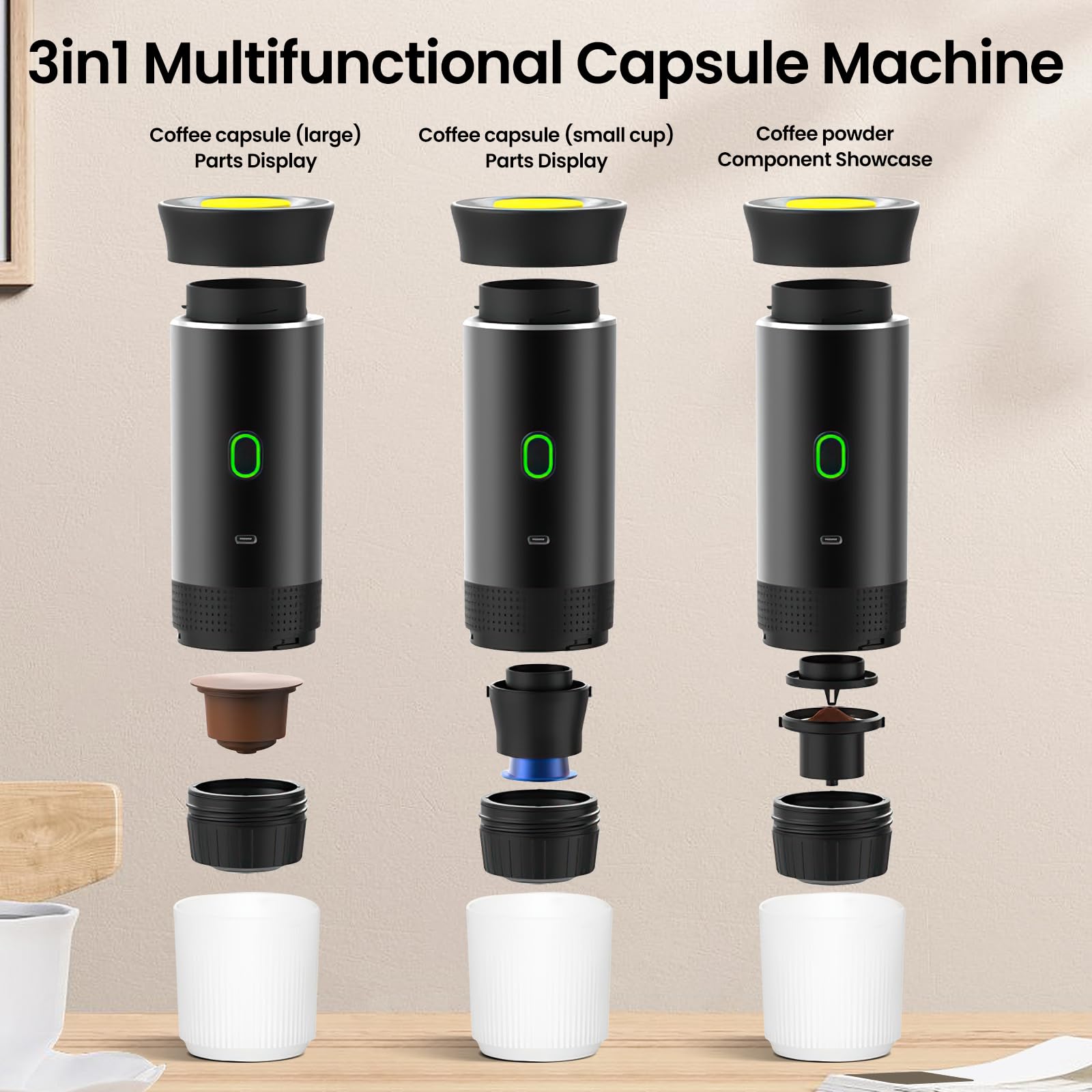 Cafetera portátil de viaje, recargable de 12 V para viajes, calentamiento rápido, compatible con cápsulas K-Cup y café molido, negra - 2