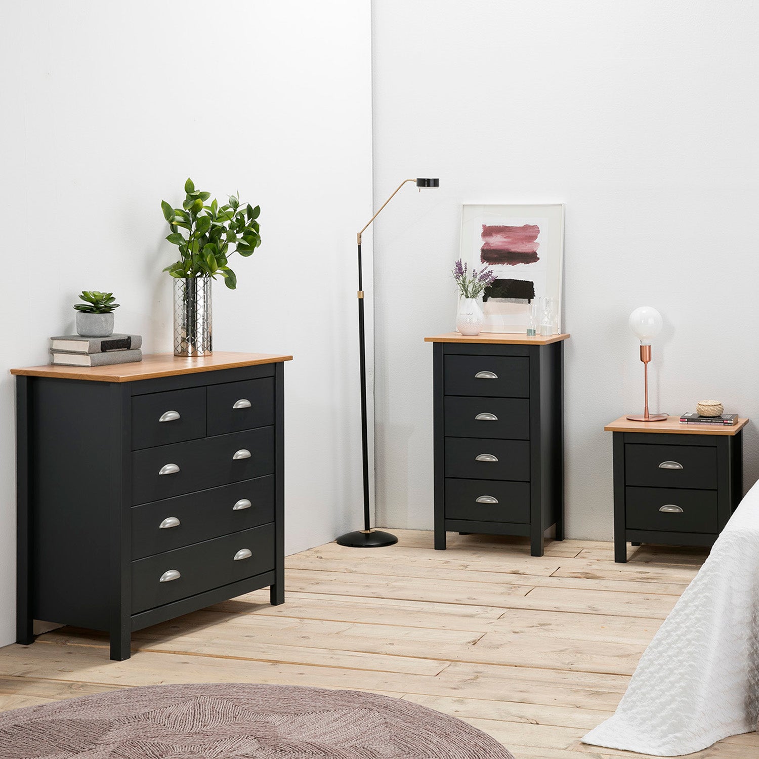 Table Chevet 2 tiroirs Jade Gris/Chêne, Fabriqué en Bois de pin Massif - 5