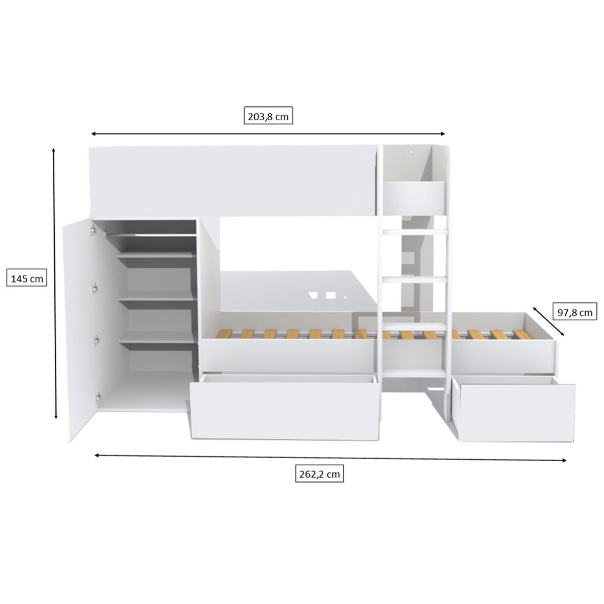 Lit superposé 90x190 - armoire - tiroirs - sommier inclus Twin Blanc - 4