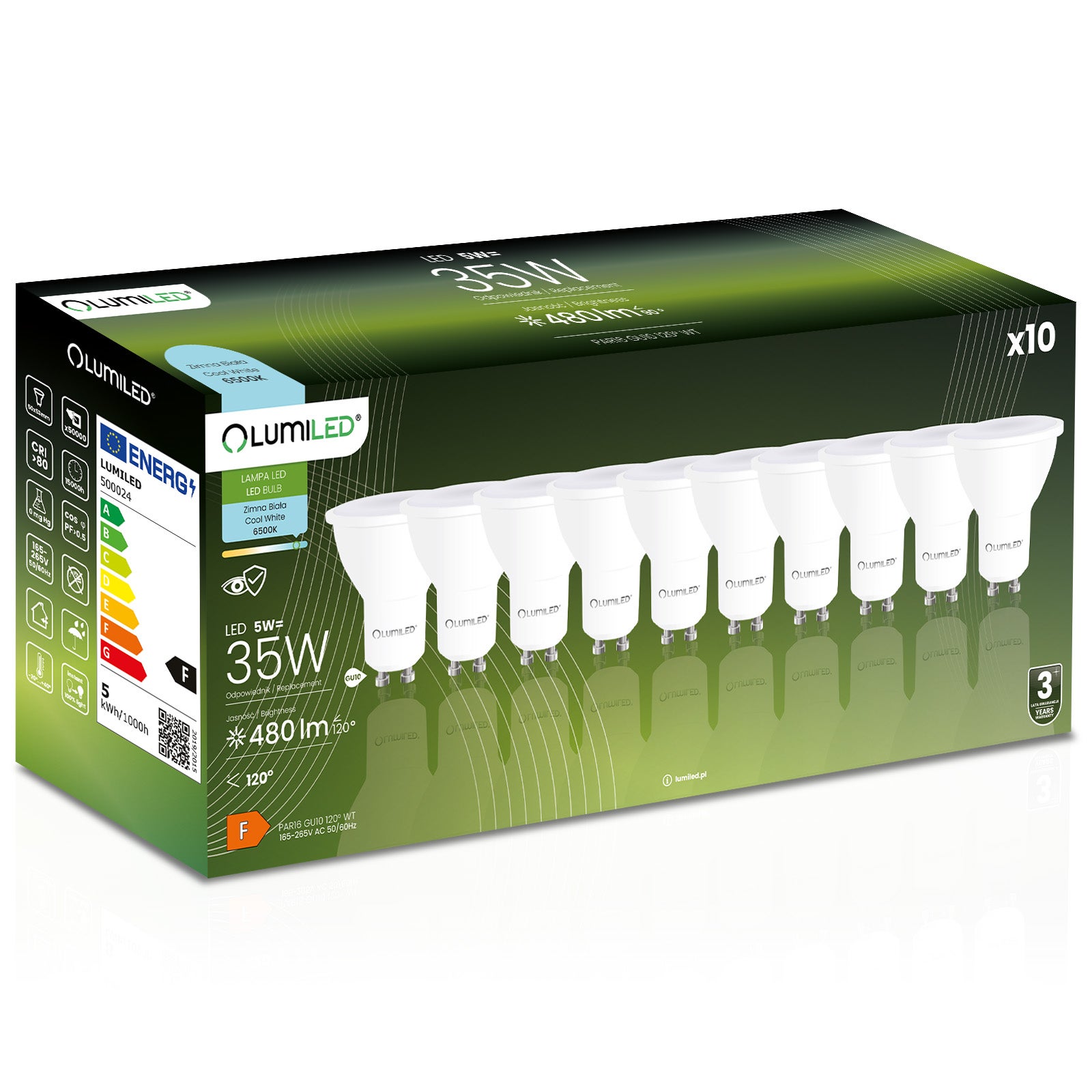 10x Żarówka Lumiled LED GU10 Reflektor PAR16 5W = 35W 480lm 6500K Zimna 120st