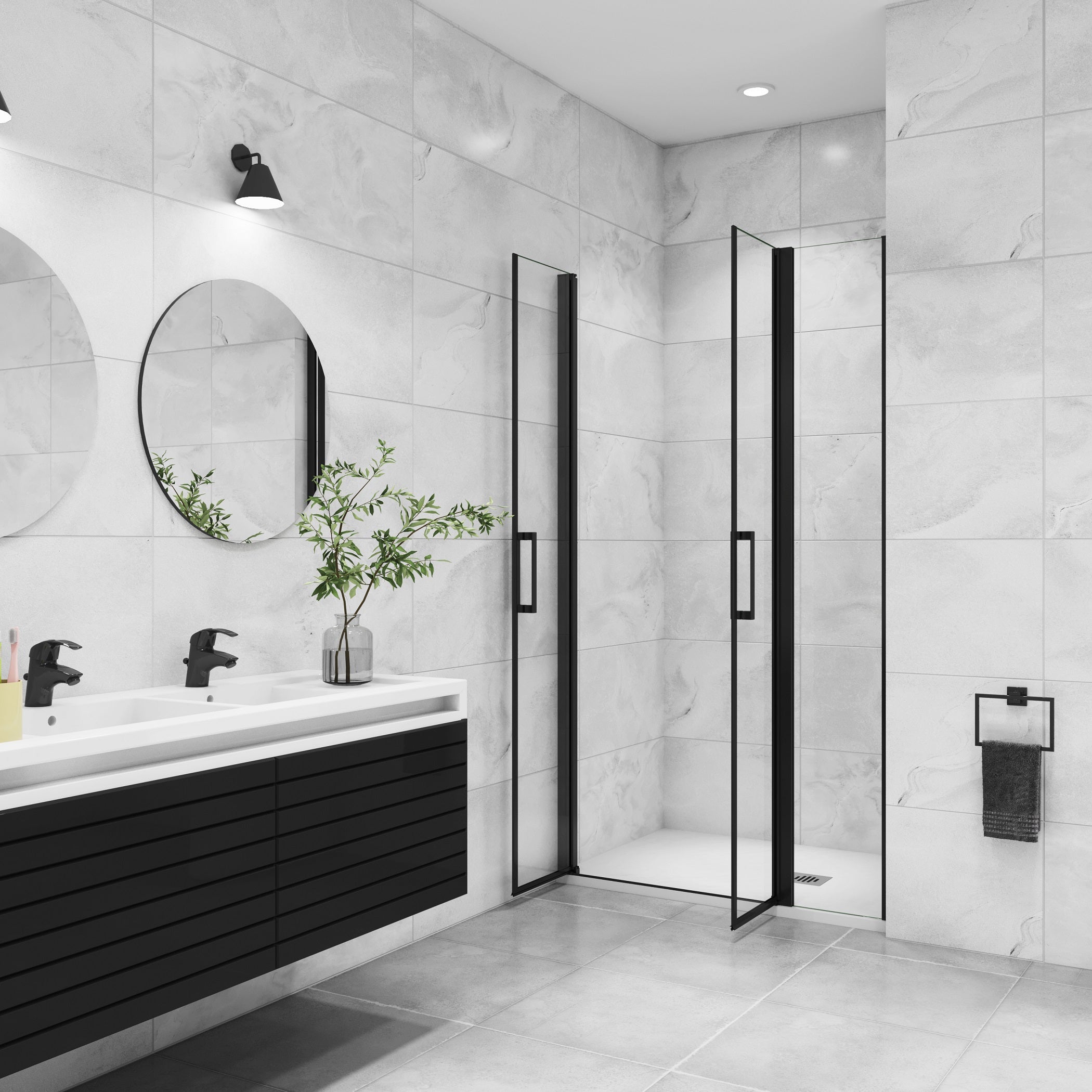 Porte de douche battante 120x200cm avec un élément fixe, profilé noir mat, Porte de douche Hauteur 200cm en 8mm verre anticalcaire - 2