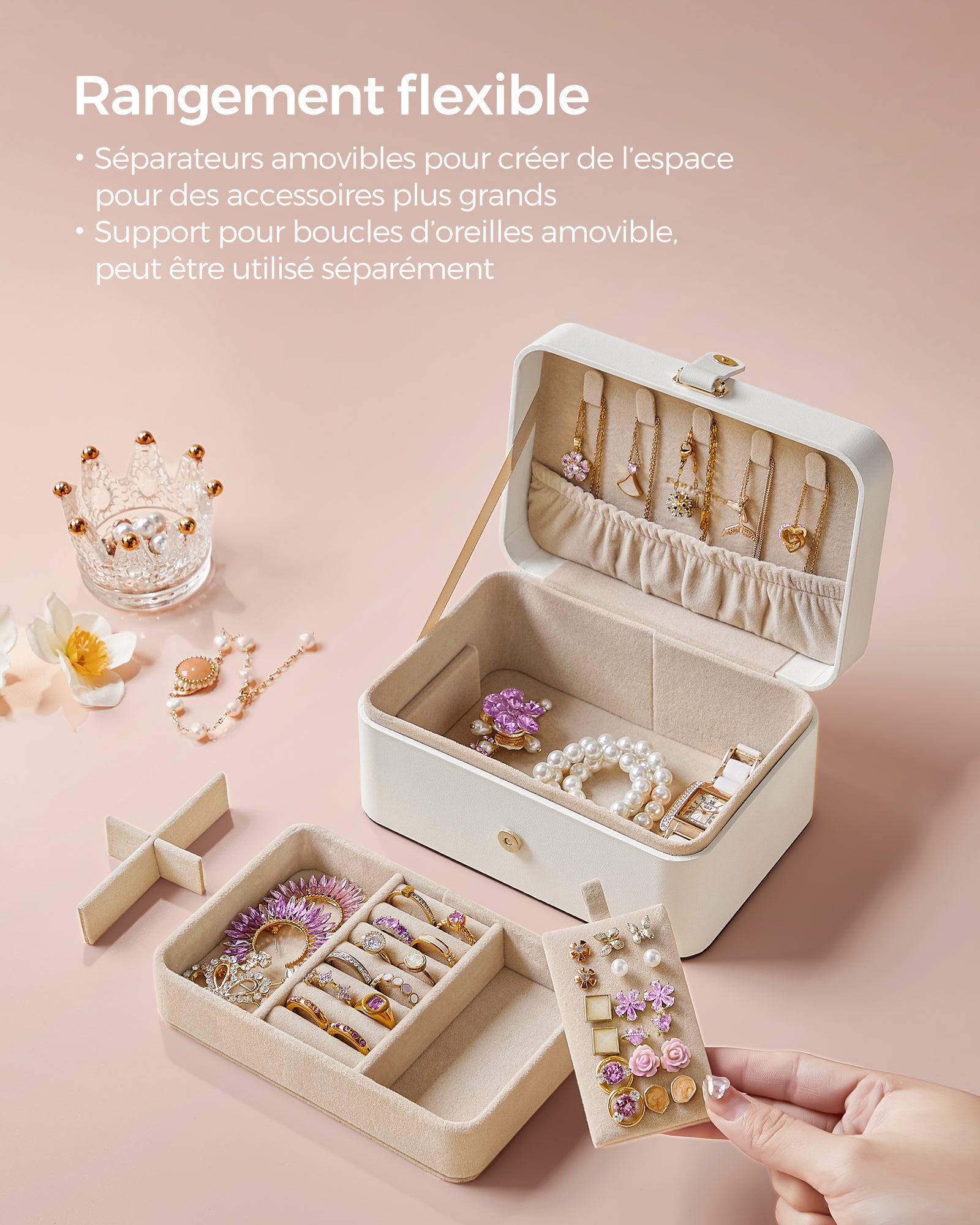 Boîte à Bijoux de Voyage, Petit Écrin à accessoires, Rangement Bijoux à 2 Niveaux, Trousse de Voyage, pour Accessoires, 11 x 16 x 8 cm, Blanc Nuage - 4