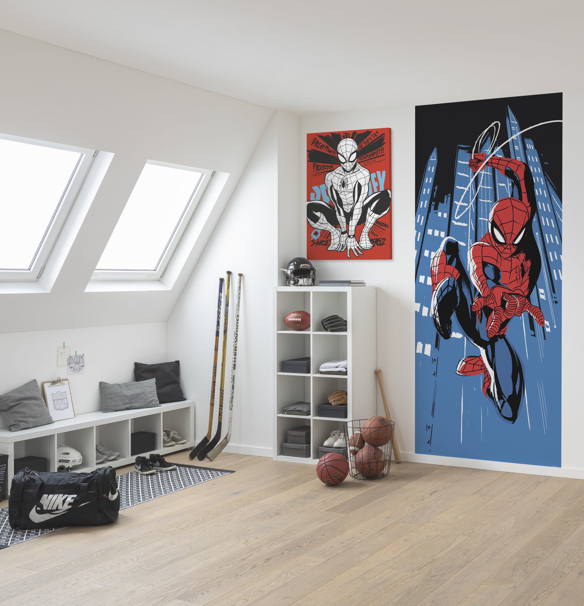 Papel pintado no tejido panorámico de komar - marvel spider-man rooftop-rockin‘ - talla: 100 x 250 cm
