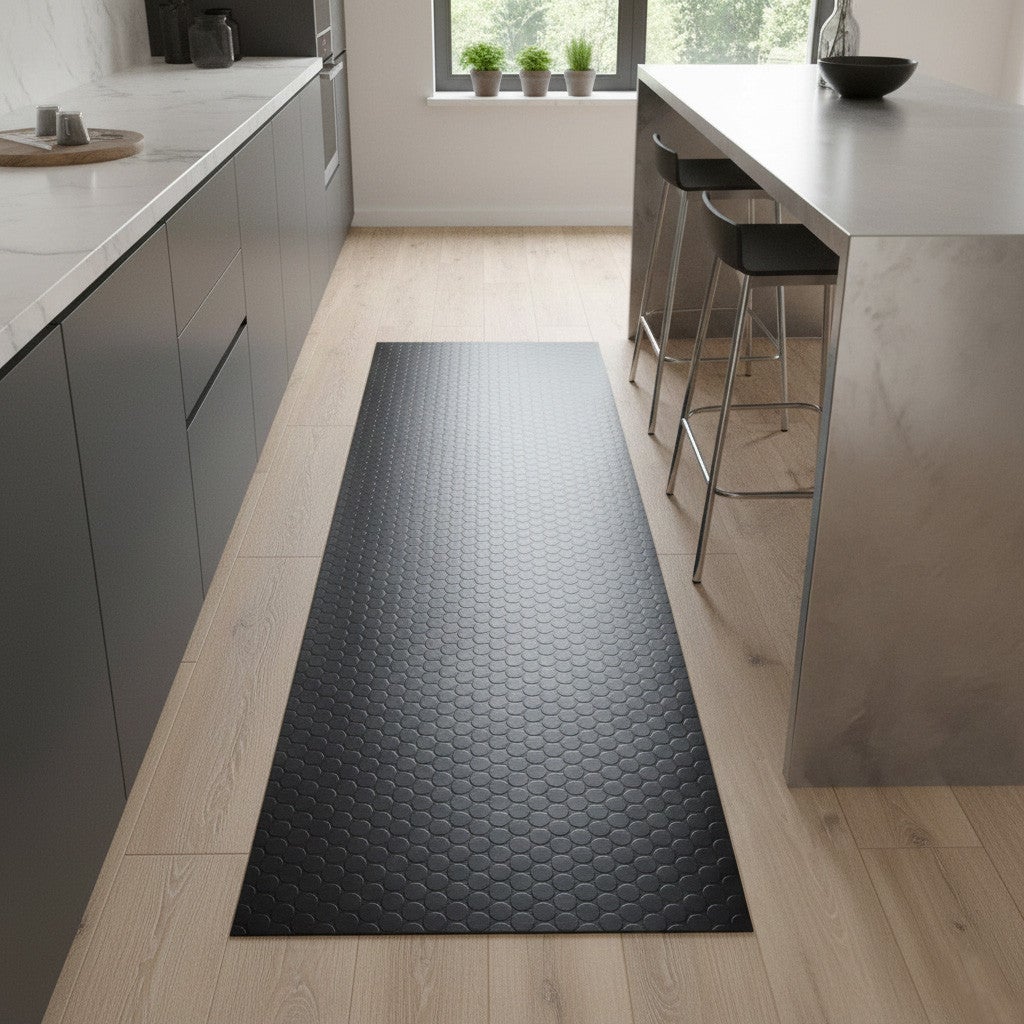 Alfombras Tadi & Imperio 1979  Alfombra De Vinilo Botones, Estilo Industrial Con Círculos, Antideslizante Y Fácil De Limpiar (50X650 Cm) Negra , Leroy Merlin