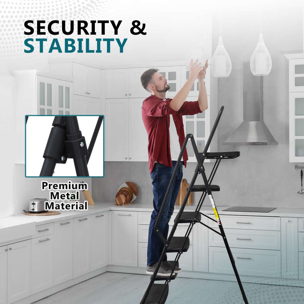 Escabeau 5 marches acier robuste avec main courante, pédales larges antidérapantes, 150 kg, pliant cuisine maison - 8