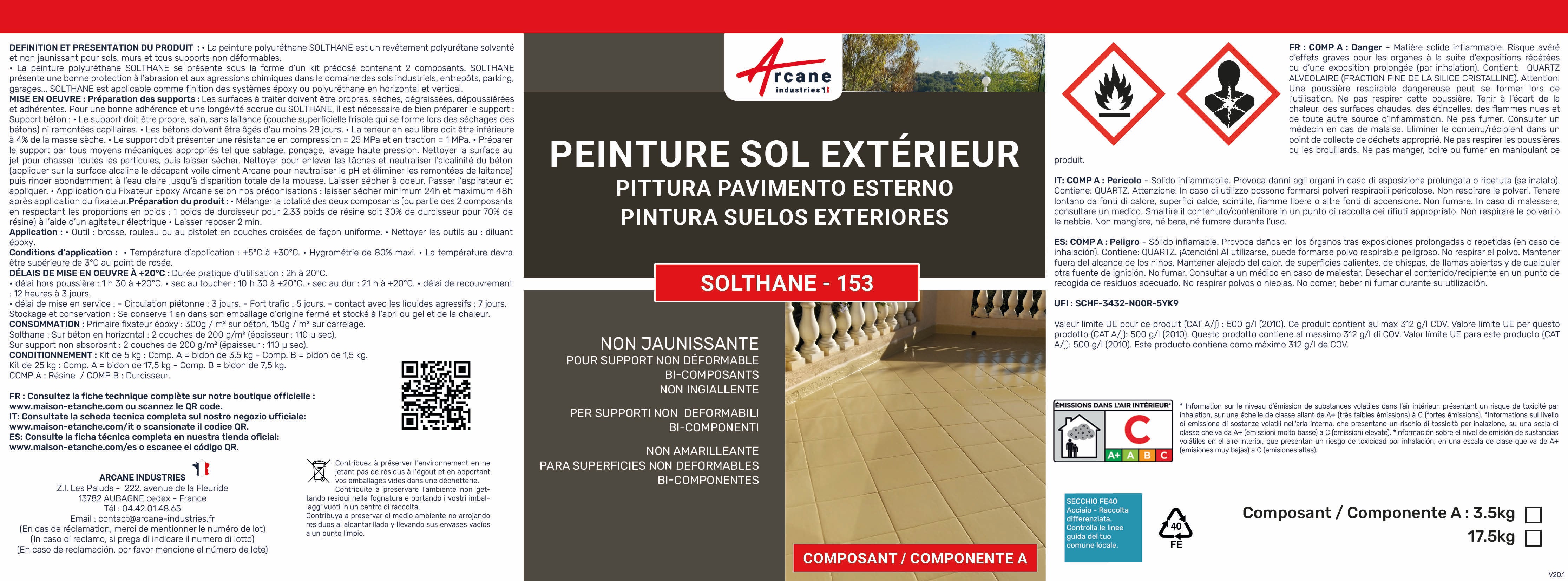 Peinture polyuréthane pour béton haute résistance non jaunissante - SOLTHANE - 5 kg Blanc - ARCANE INDUSTRIES - 6