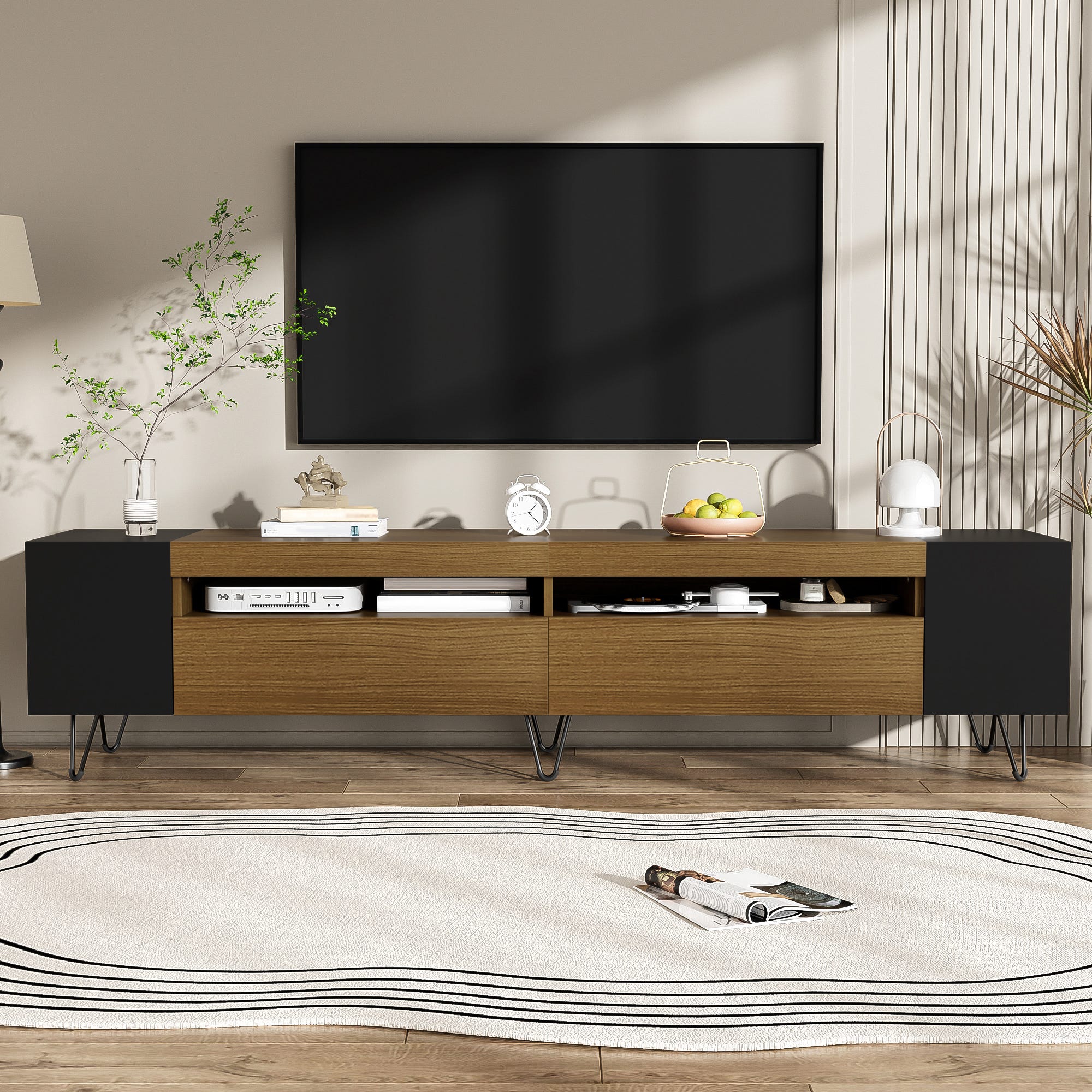 Meuble TV moderne 180 cm – Design noir et bois, épuré et élégant – Noir ...
