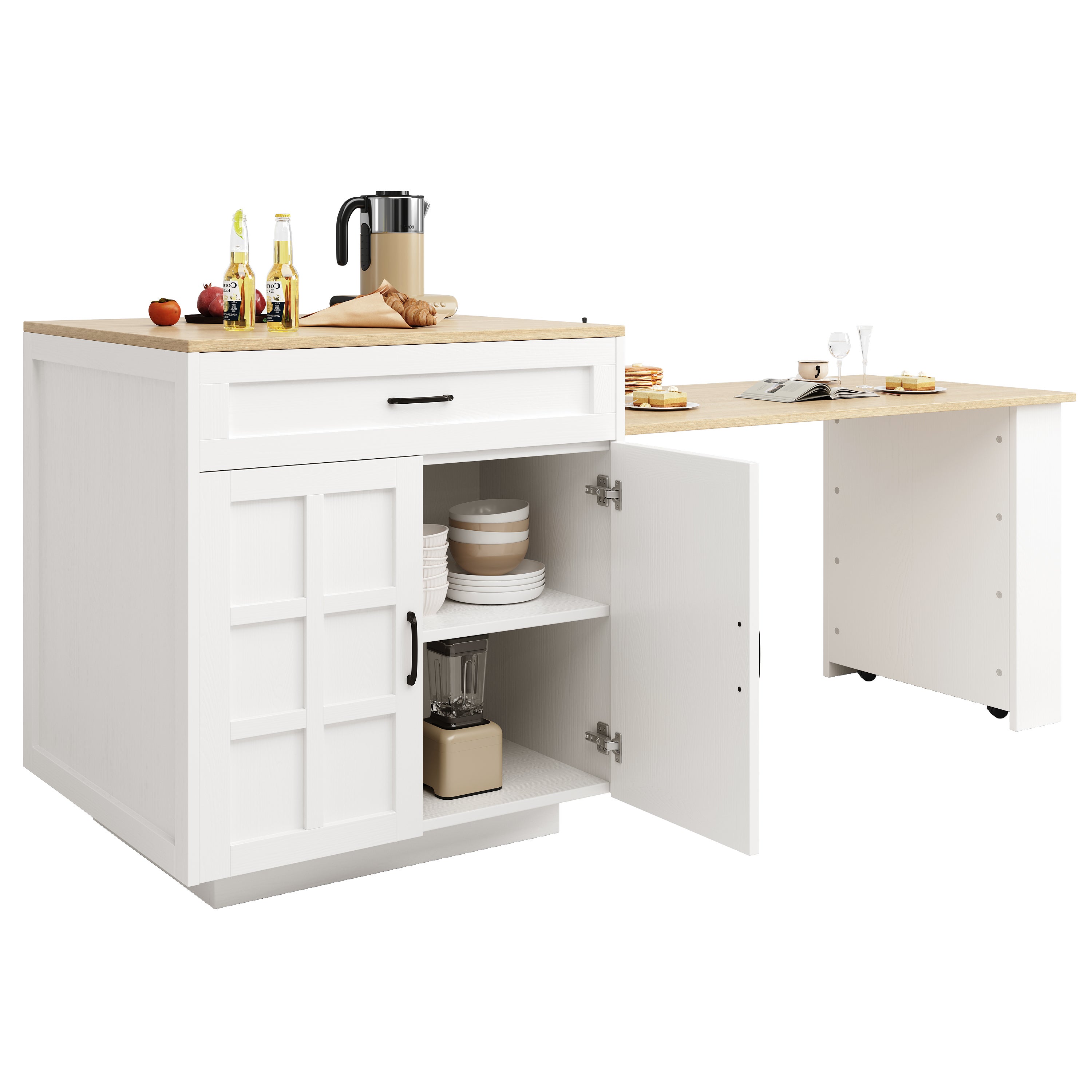 Ilot central de cuisine, table à manger 4 à 6 couverts - 2 tiroirs, 2 portes et étagères - 133/202 x 70 x 93.5 cm - MDF - Blanc - 5