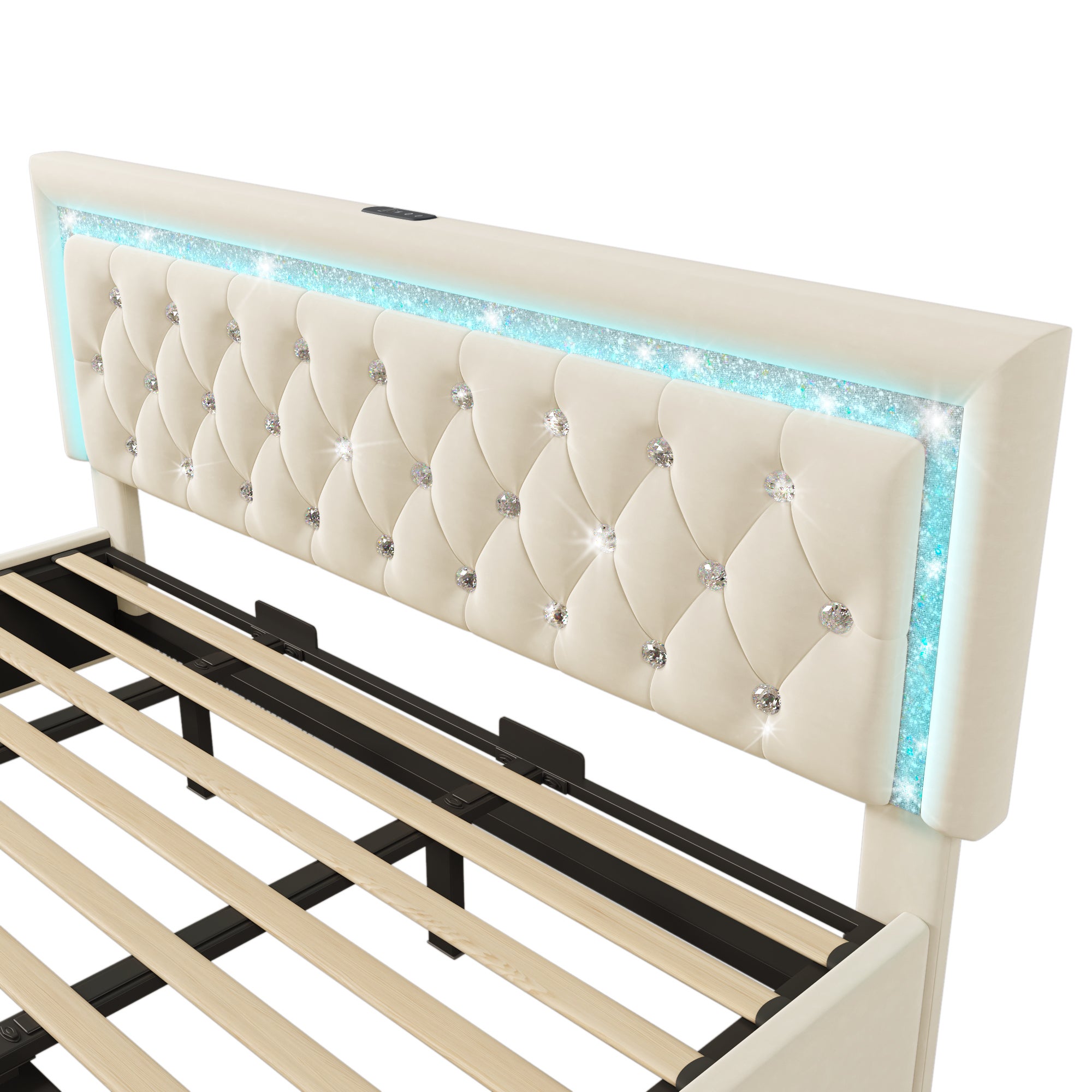 Łóżko tapicerowane z pojemnikiem 180x200 cm w welurowym wykończeniu - z oświetleniem LED - z portami USB i typu C - ze stelażem listwowym - beżowe - 9
