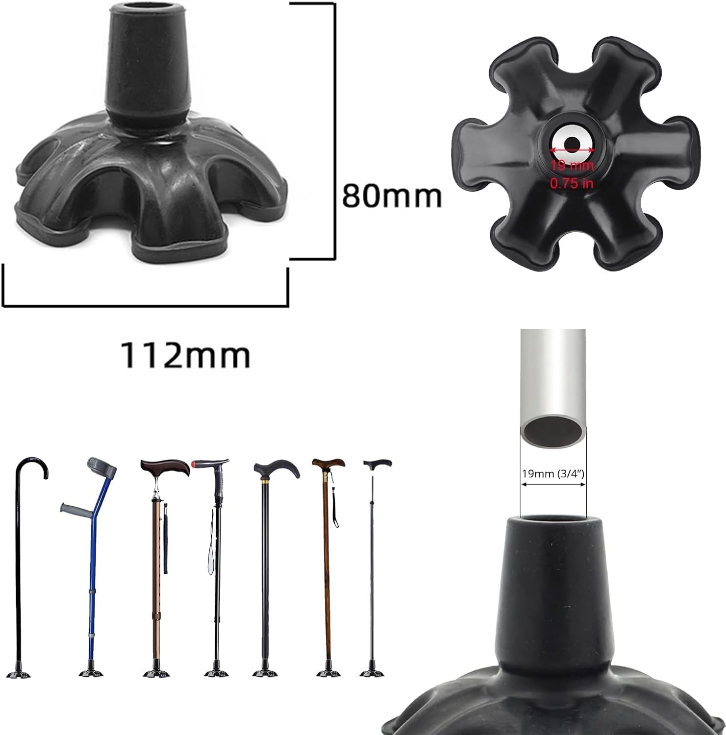Lot De 4 Patins Antidérapants Caoutchouc Pour Béquilles Et Cannes - Neuf Noir