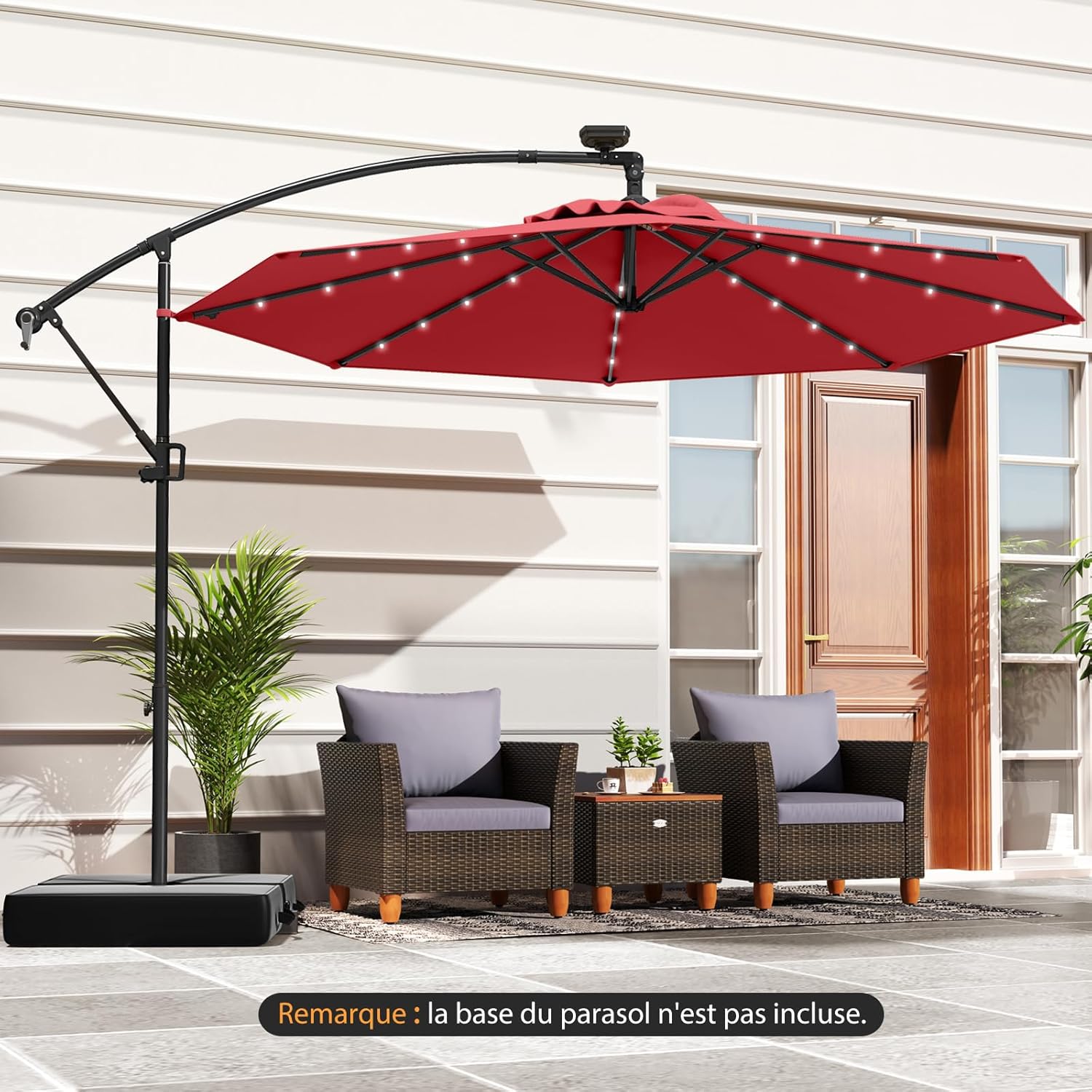 Parasol Déporté 3M avec 32 LED Solaires, Parasol de Jardin 8 Baleines avec Tissu Protection Solaire, Parasol Inclinable Rotatif à 360° (Rouge) - 9